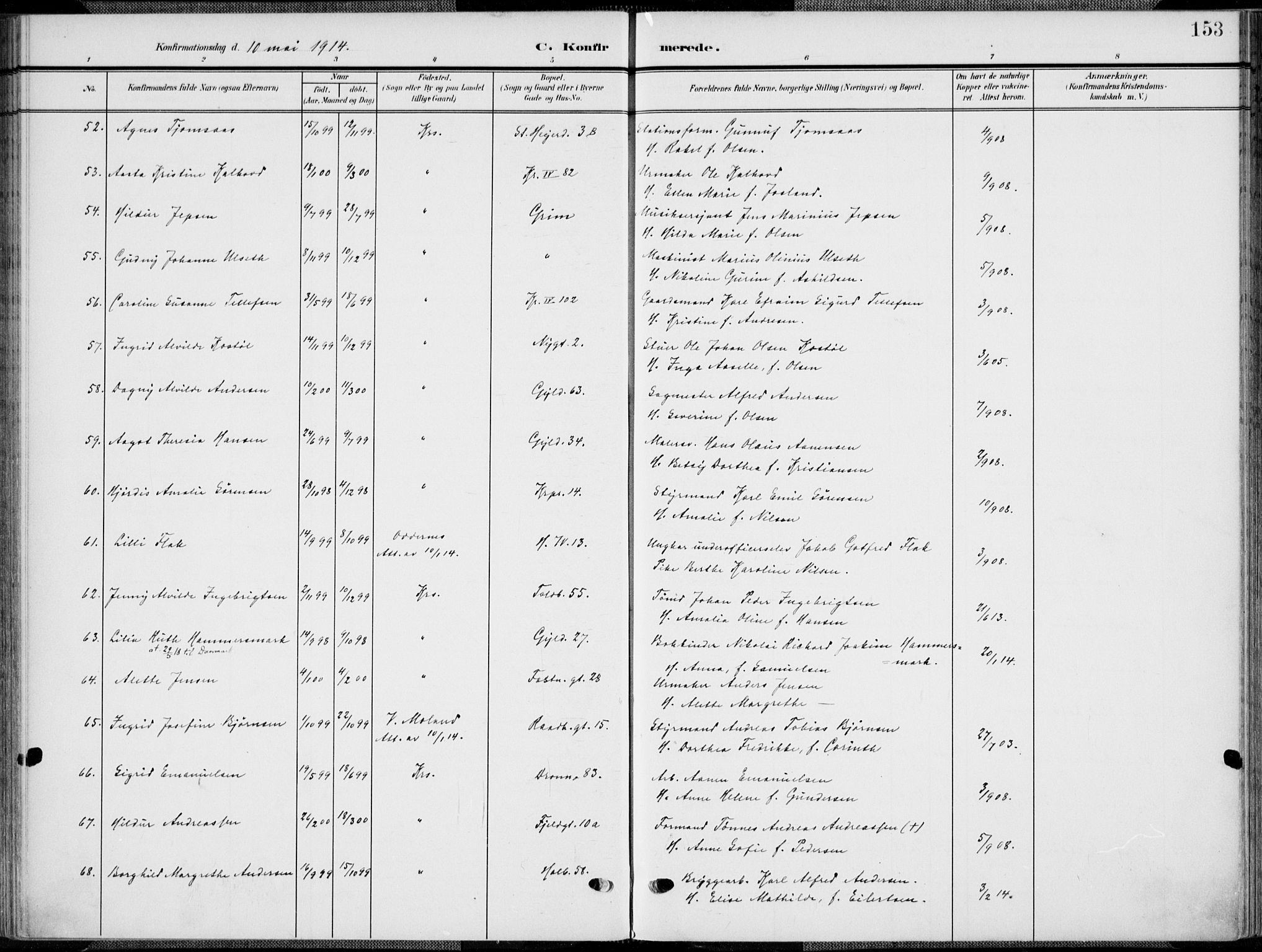 Kristiansand domprosti, AV/SAK-1112-0006/F/Fa/L0022: Parish register (official) no. A 21, 1905-1916, p. 153