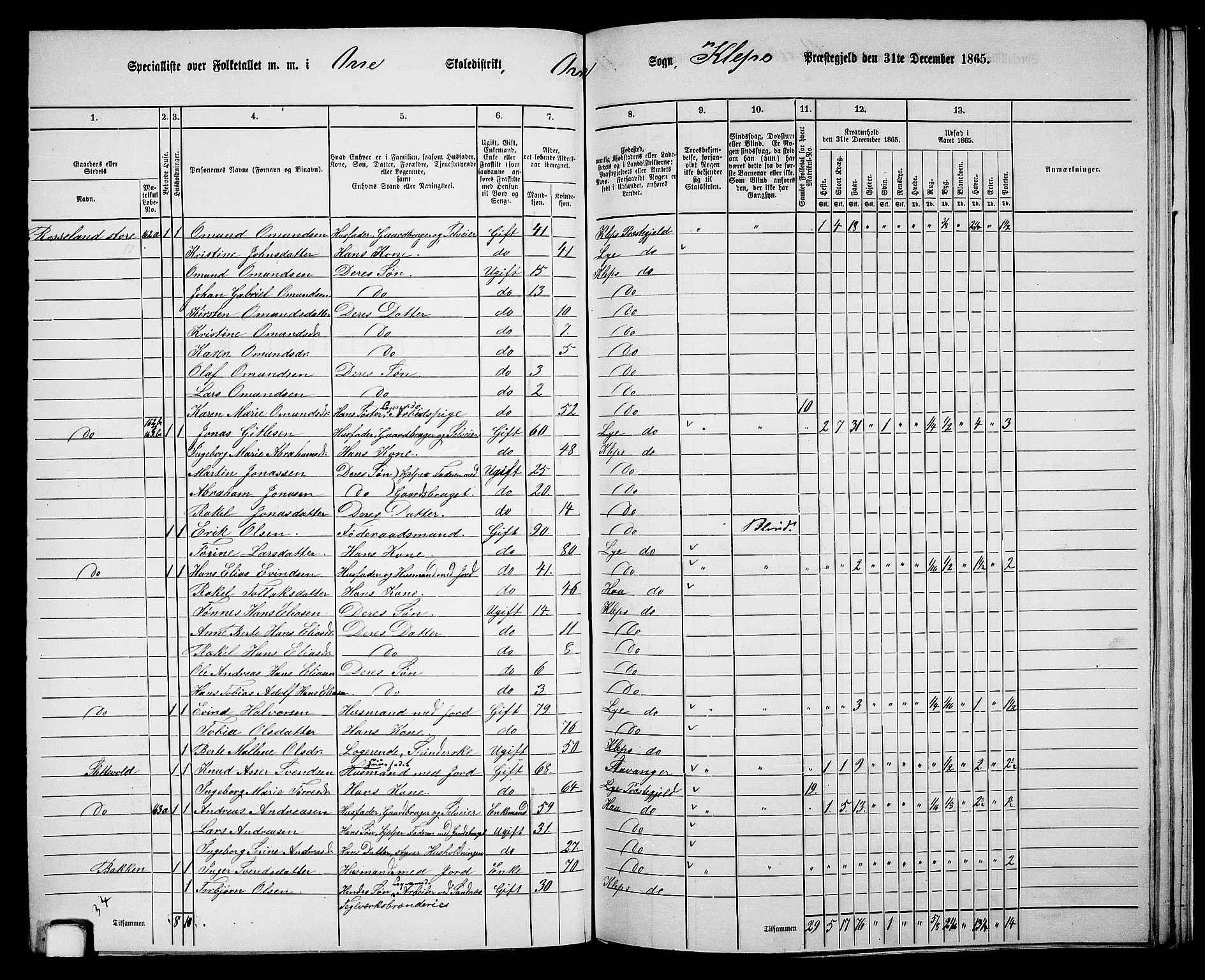 RA, 1865 census for Klepp, 1865, p. 58