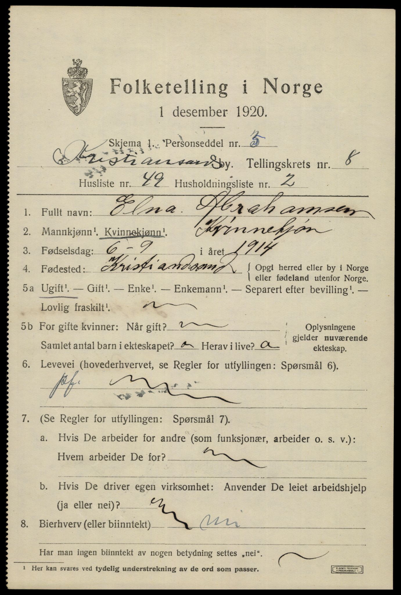 SAK, 1920 census for Kristiansand, 1920, p. 22013