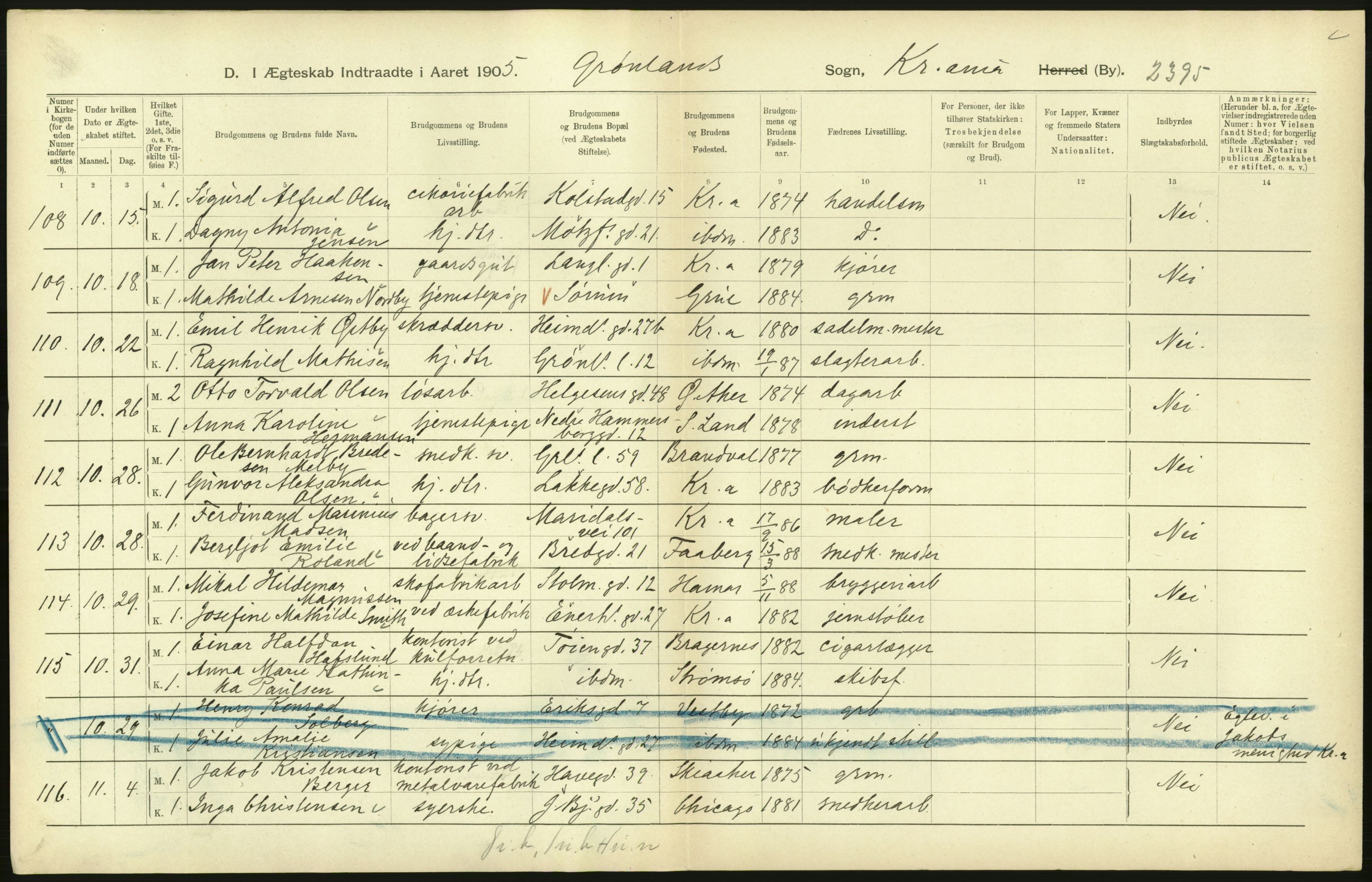 Statistisk sentralbyrå, Sosiodemografiske emner, Befolkning, AV/RA-S-2228/D/Df/Dfa/Dfac/L0007b: Kristiania: Gifte, 1905, p. 362