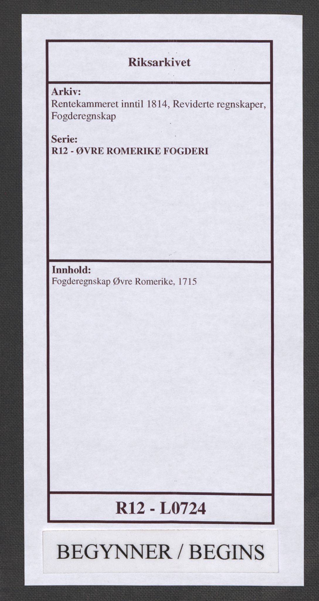 Rentekammeret inntil 1814, Reviderte regnskaper, Fogderegnskap, AV/RA-EA-4092/R12/L0724: Fogderegnskap Øvre Romerike, 1715, p. 1