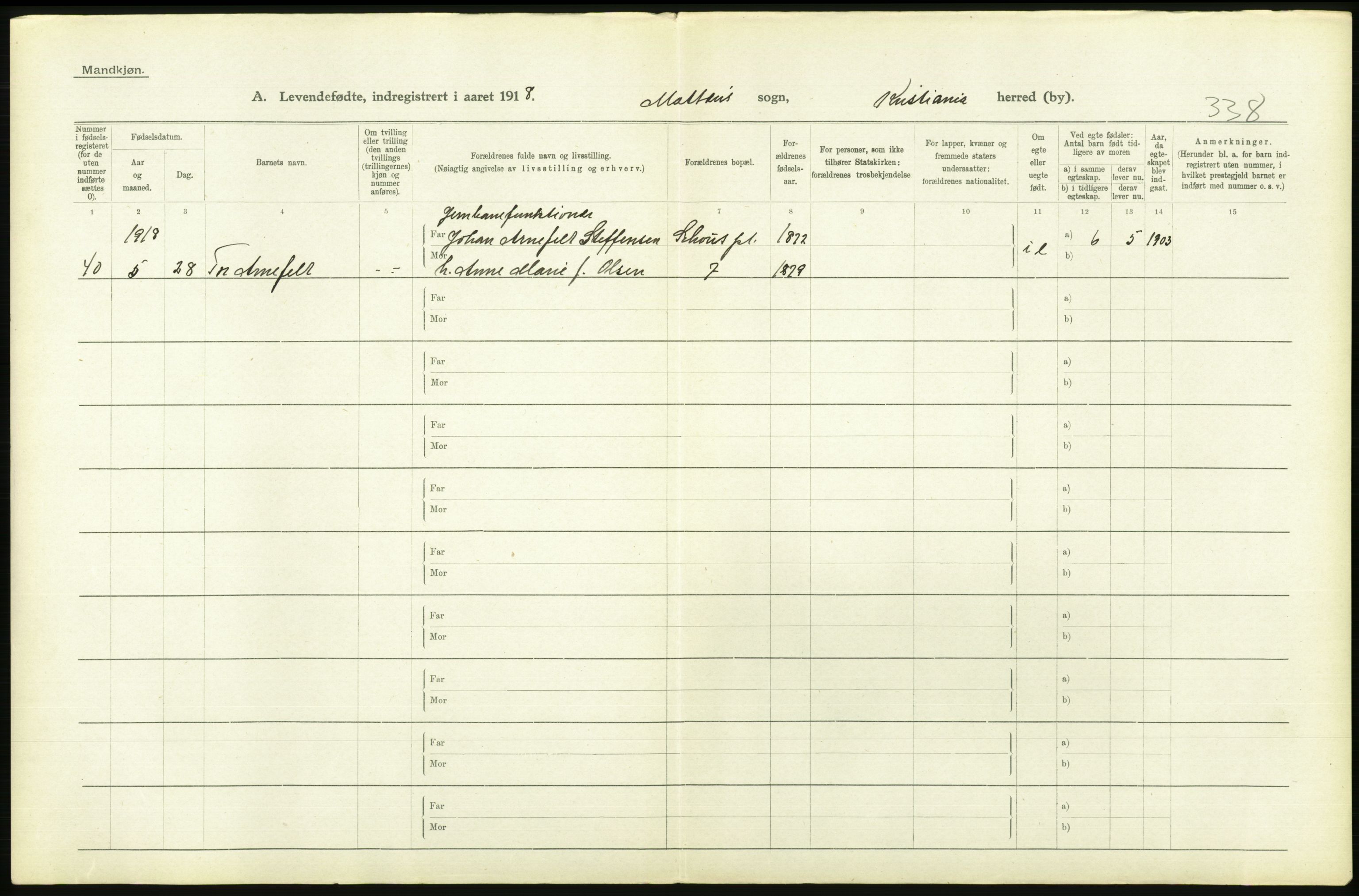 Statistisk sentralbyrå, Sosiodemografiske emner, Befolkning, AV/RA-S-2228/D/Df/Dfb/Dfbh/L0008: Kristiania: Levendefødte menn og kvinner., 1918, p. 66