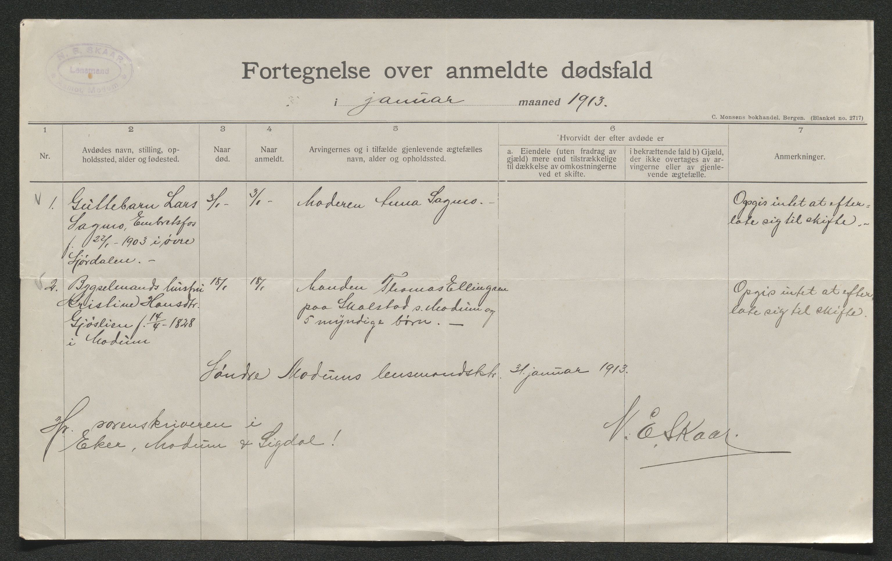 Eiker, Modum og Sigdal sorenskriveri, AV/SAKO-A-123/H/Ha/Hab/L0036: Dødsfallsmeldinger, 1913, p. 90