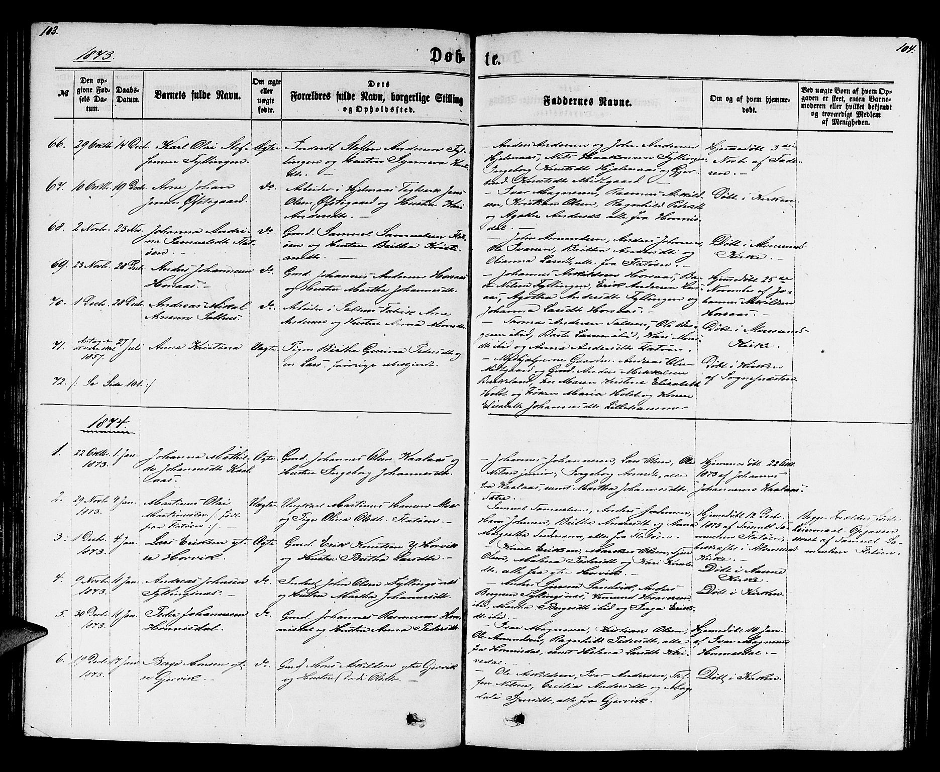 Hamre sokneprestembete, SAB/A-75501/H/Ha/Hab: Parish register (copy) no. B 2, 1863-1880, p. 103-104