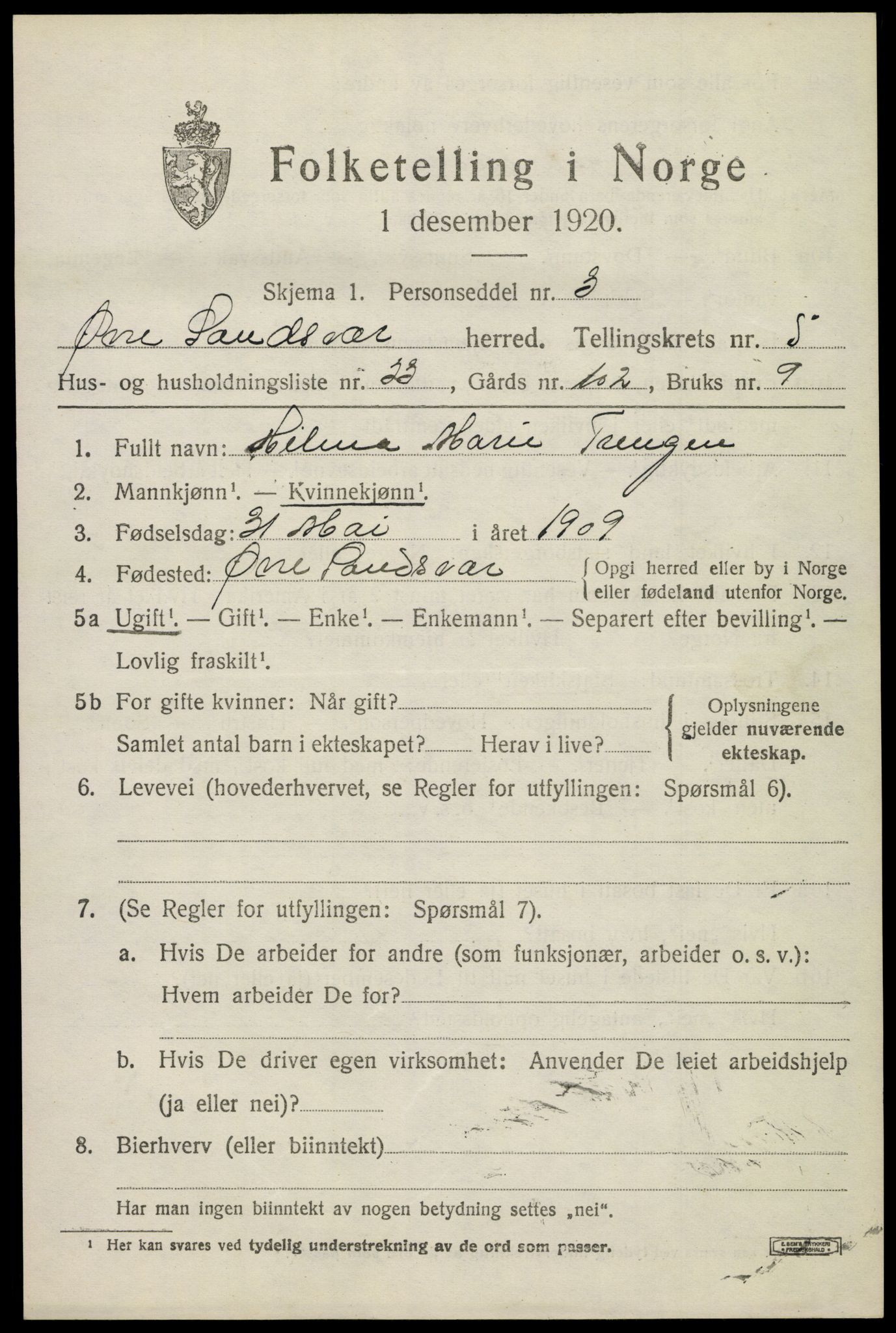 SAKO, 1920 census for Øvre Sandsvær, 1920, p. 3168