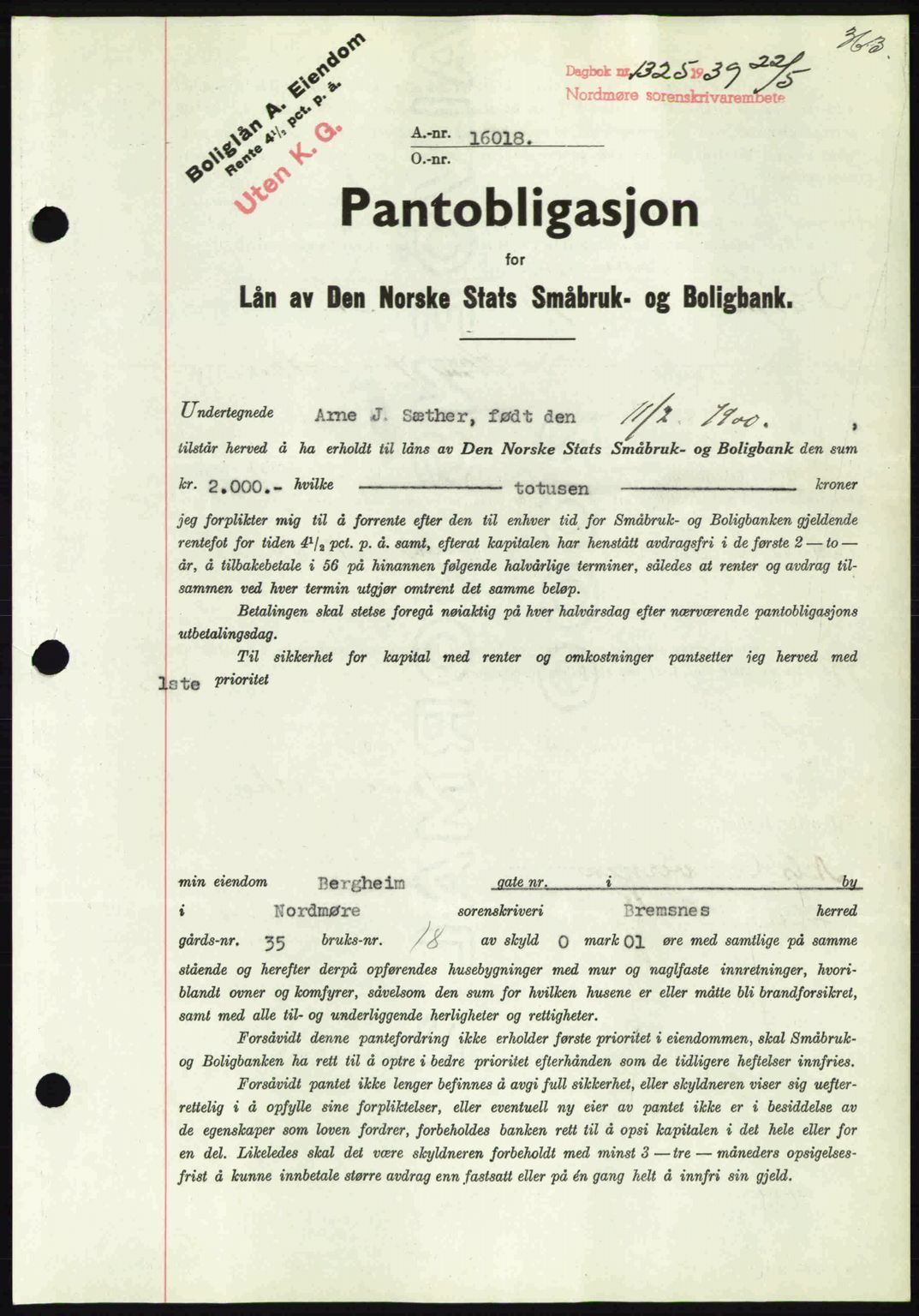 Nordmøre sorenskriveri, AV/SAT-A-4132/1/2/2Ca: Mortgage book no. B85, 1939-1939, Diary no: : 1325/1939