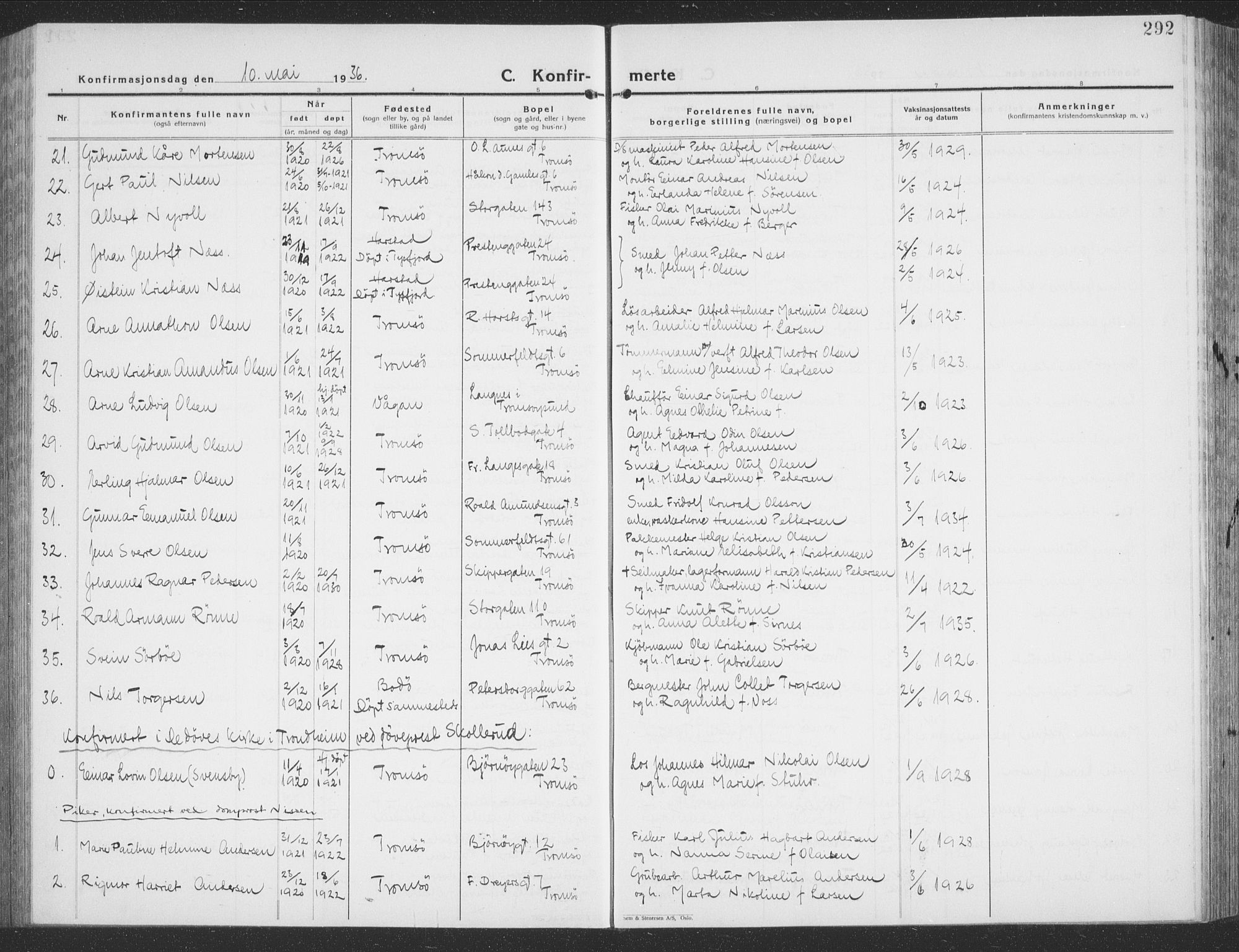 Tromsø sokneprestkontor/stiftsprosti/domprosti, AV/SATØ-S-1343/G/Gb/L0010klokker: Parish register (copy) no. 10, 1925-1937, p. 292