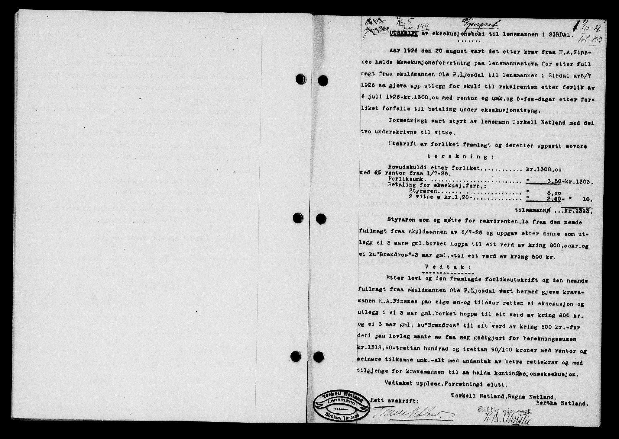 Flekkefjord sorenskriveri, SAK/1221-0001/G/Gb/Gba/L0043: Mortgage book no. 41, 1926-1927, Deed date: 08.10.1926
