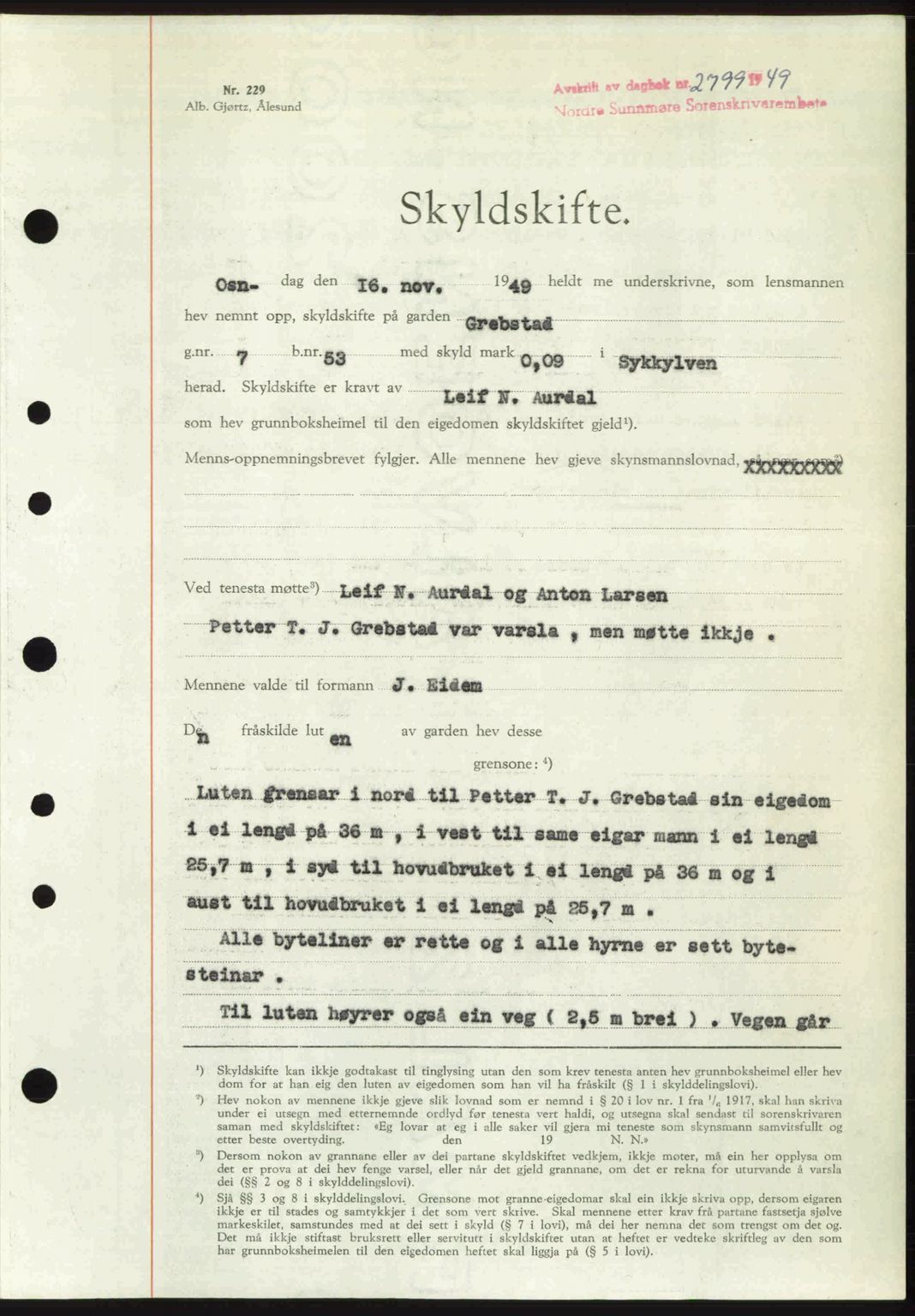 Nordre Sunnmøre sorenskriveri, AV/SAT-A-0006/1/2/2C/2Ca: Mortgage book no. A33, 1949-1950, Diary no: : 2799/1949