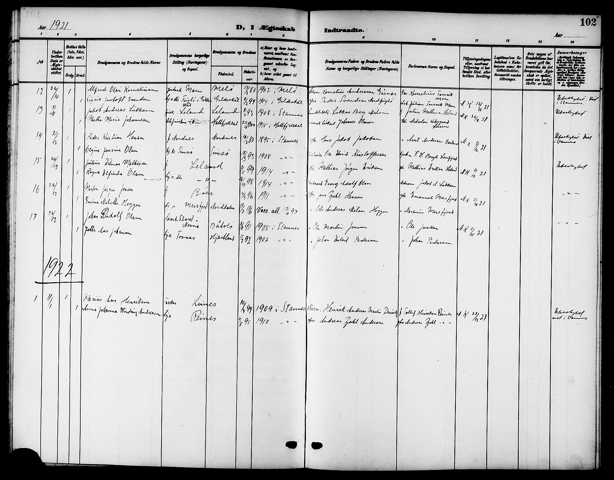 Ministerialprotokoller, klokkerbøker og fødselsregistre - Nordland, SAT/A-1459/832/L0494: Parish register (copy) no. 832C01, 1906-1922, p. 102