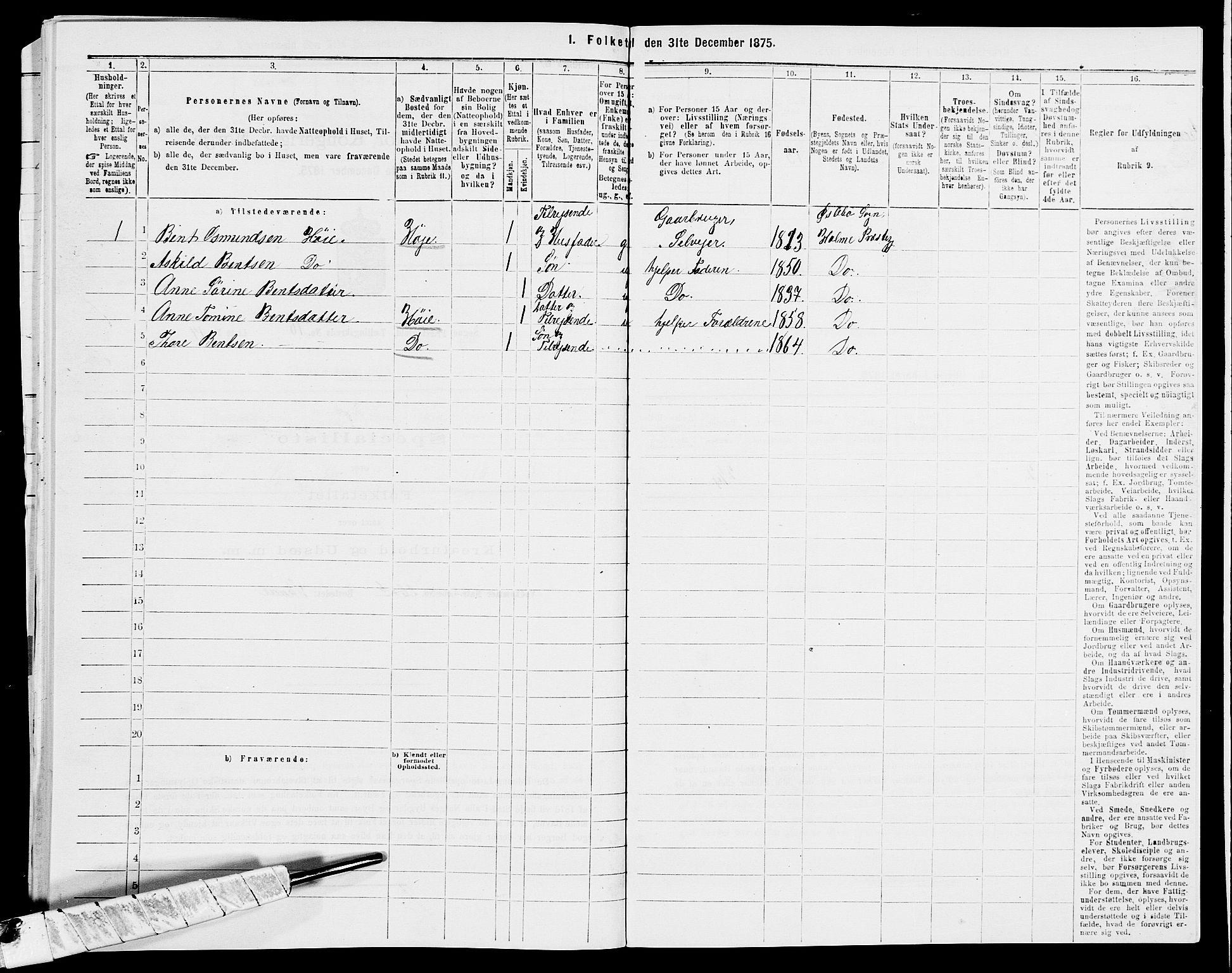 SAK, 1875 census for 1018P Søgne, 1875, p. 1336