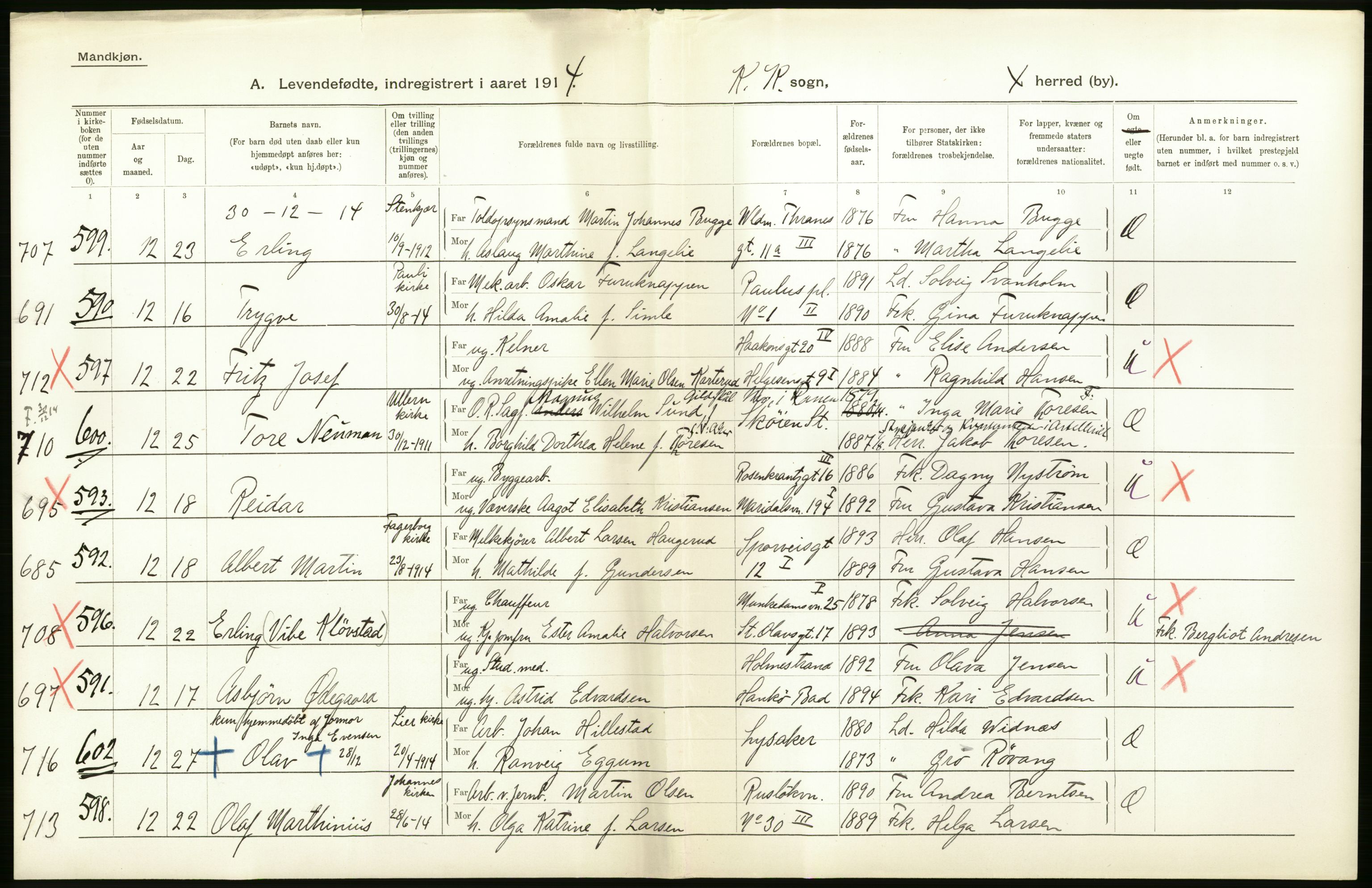 Statistisk sentralbyrå, Sosiodemografiske emner, Befolkning, RA/S-2228/D/Df/Dfb/Dfbd/L0005: Kristiania: Levendefødte menn og kvinner., 1914, p. 32