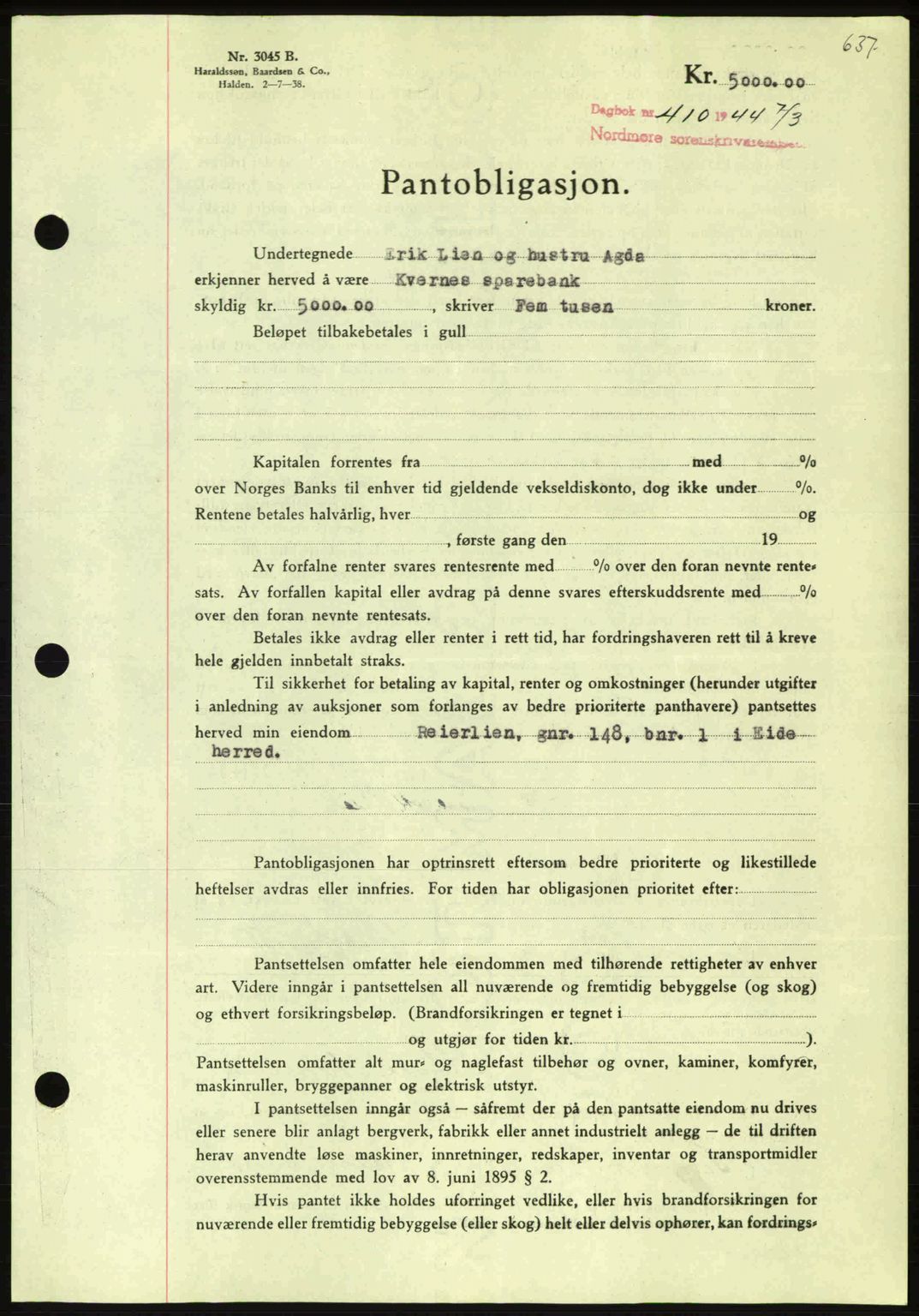 Nordmøre sorenskriveri, AV/SAT-A-4132/1/2/2Ca: Mortgage book no. B91, 1943-1944, Diary no: : 410/1944