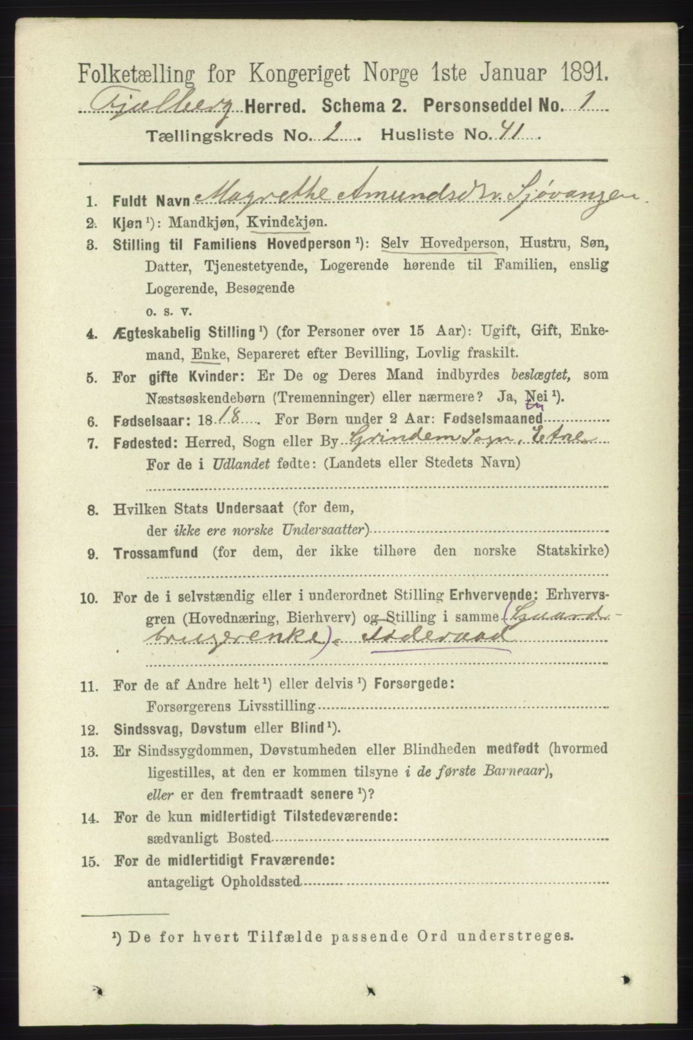 RA, 1891 census for 1213 Fjelberg, 1891, p. 714