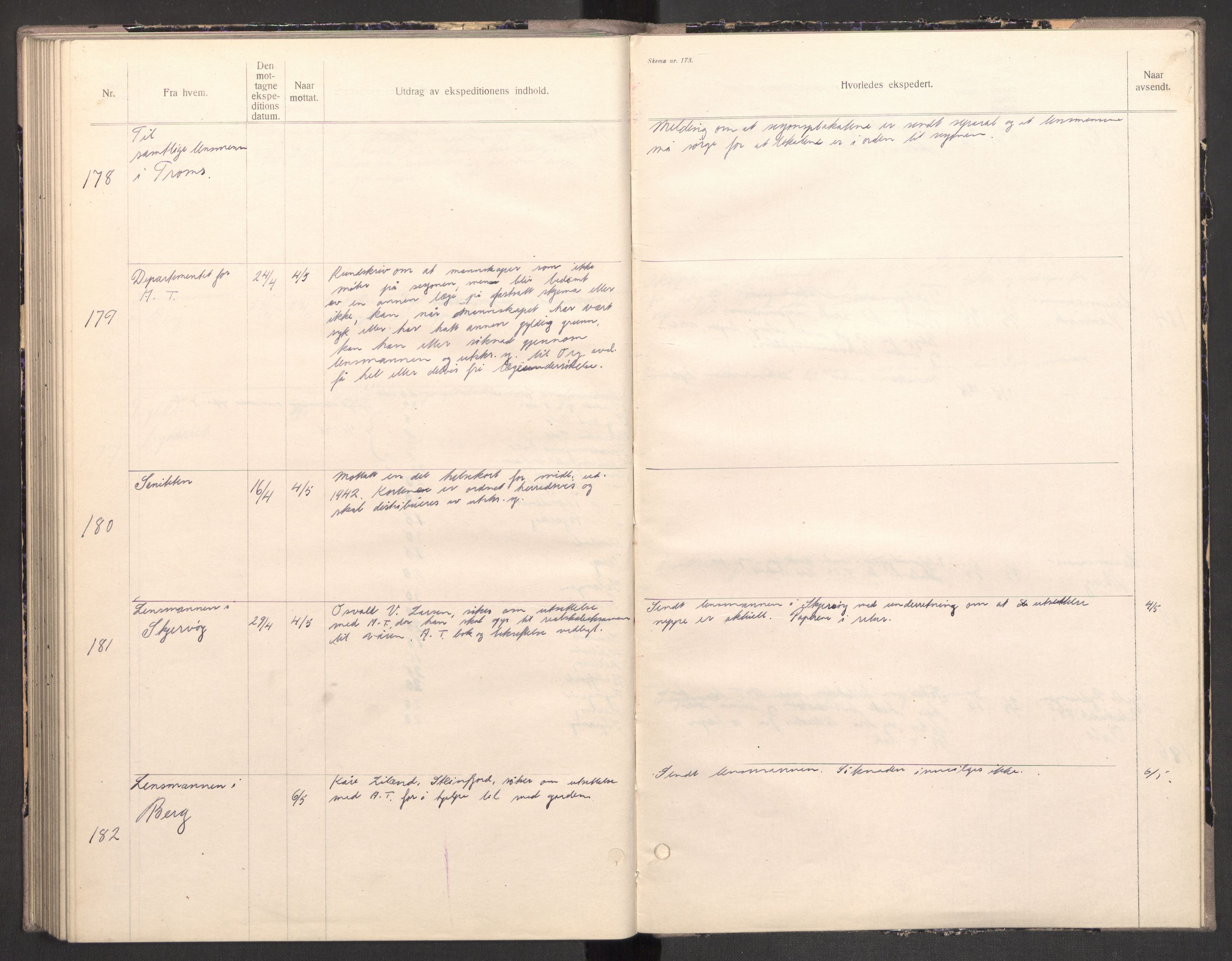 Norges arbeidstjeneste, AV/RA-S-5014/C/Ca/L0001: Journal for utskrivning Nordland og Troms, 1940-1942, p. 180