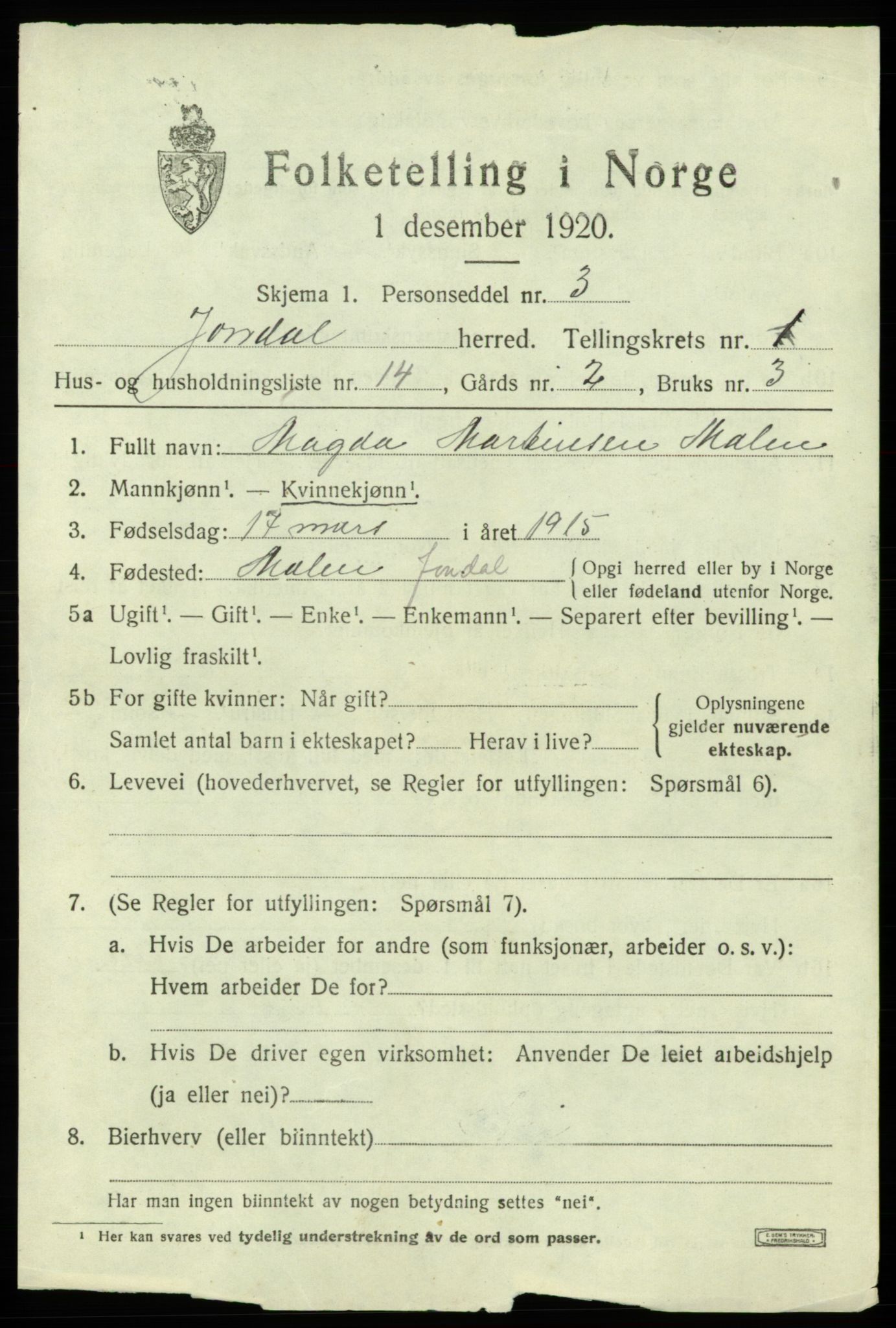 SAB, 1920 census for Jondal, 1920, p. 954