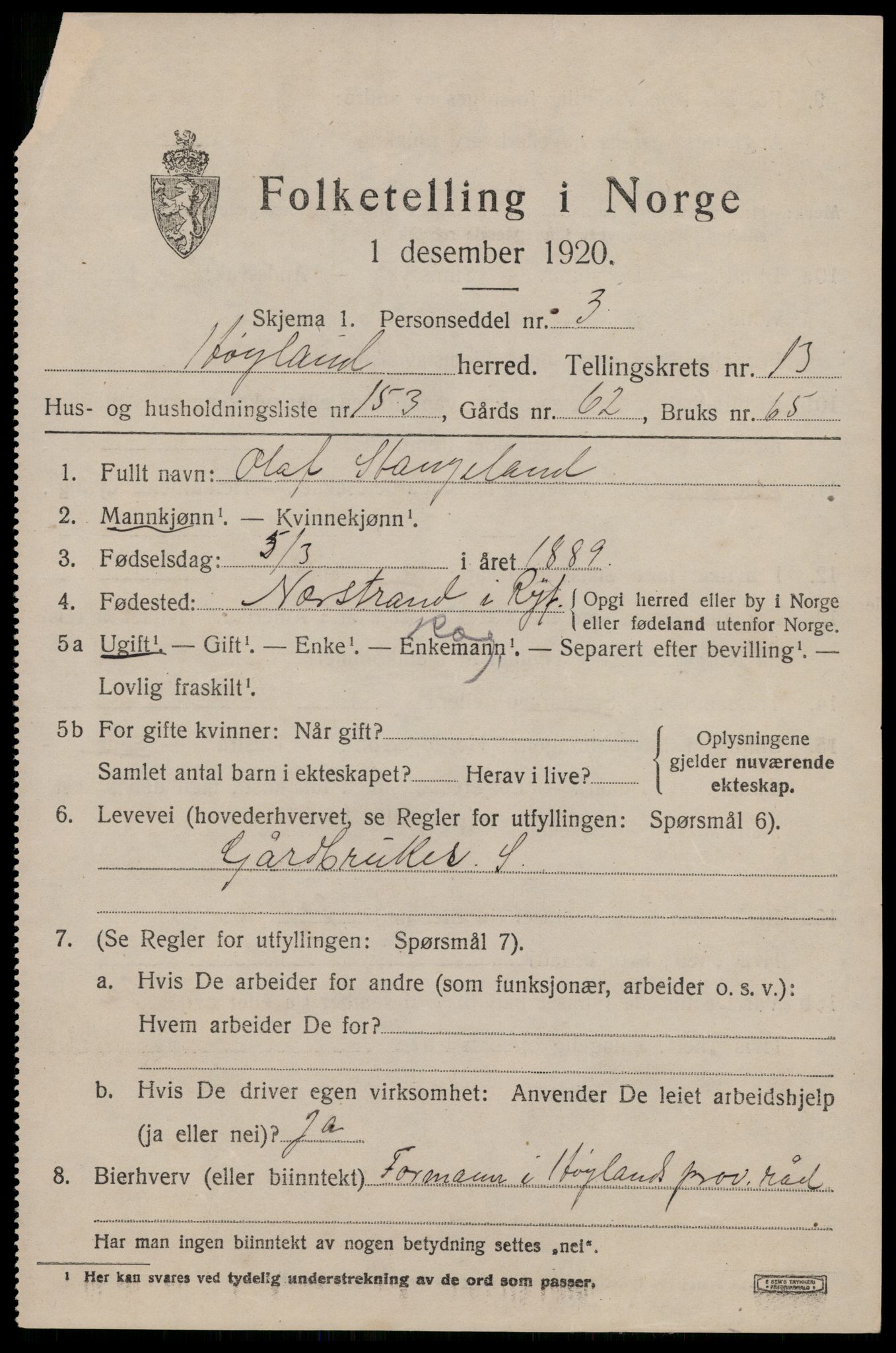 SAST, 1920 census for Høyland, 1920, p. 12980