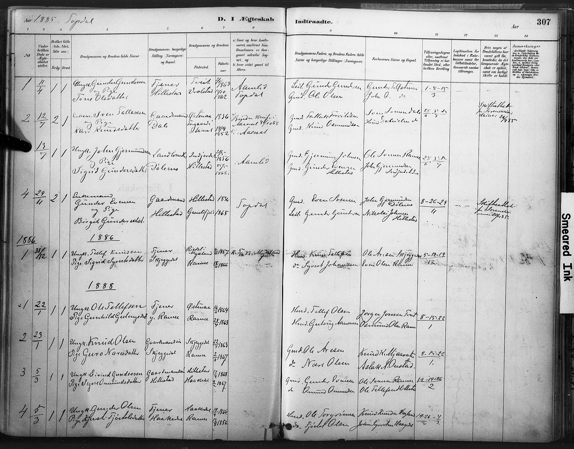 Åmli sokneprestkontor, AV/SAK-1111-0050/F/Fa/Fac/L0010: Parish register (official) no. A 10 /3, 1885-1899, p. 307