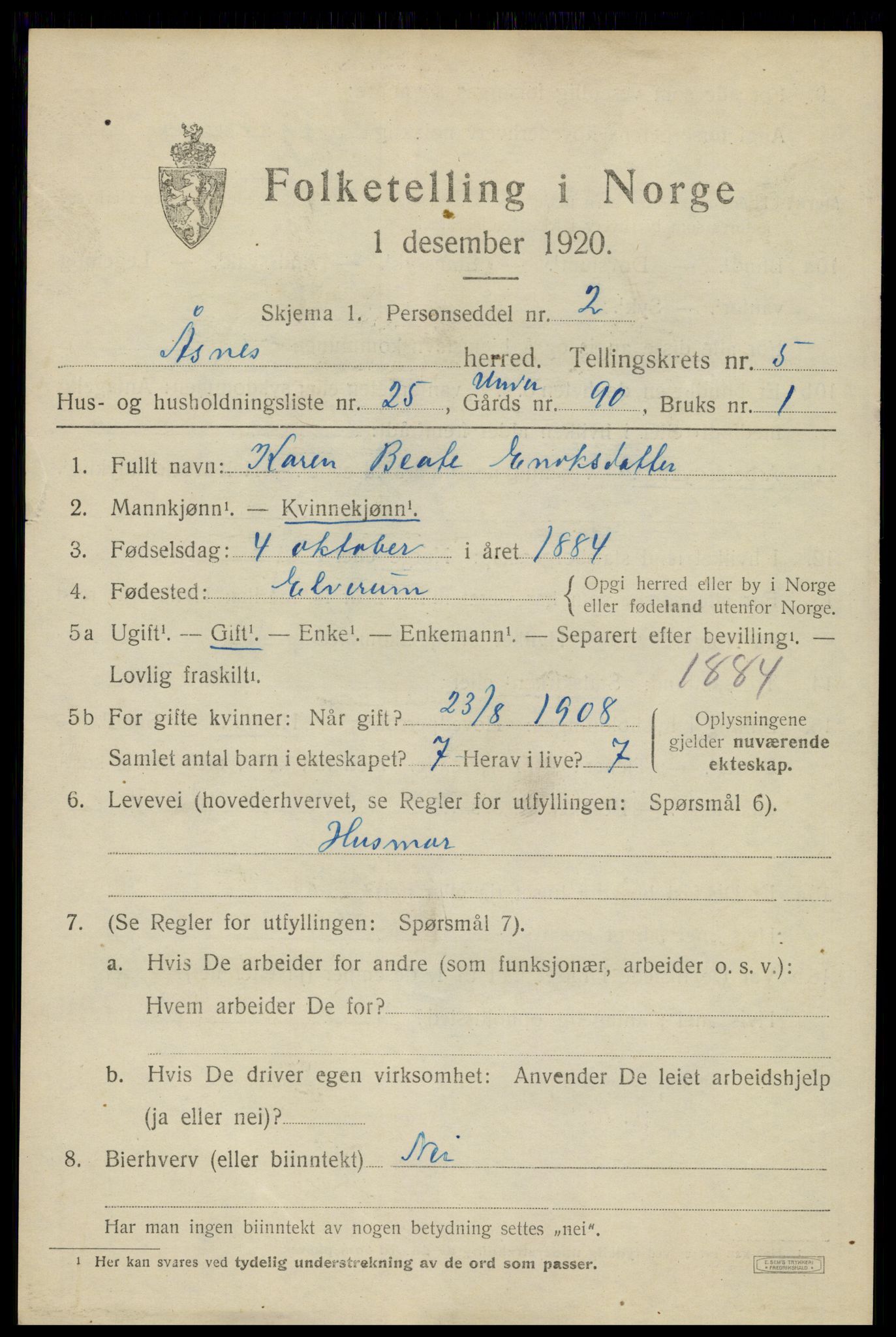 SAH, 1920 census for Åsnes, 1920, p. 6952