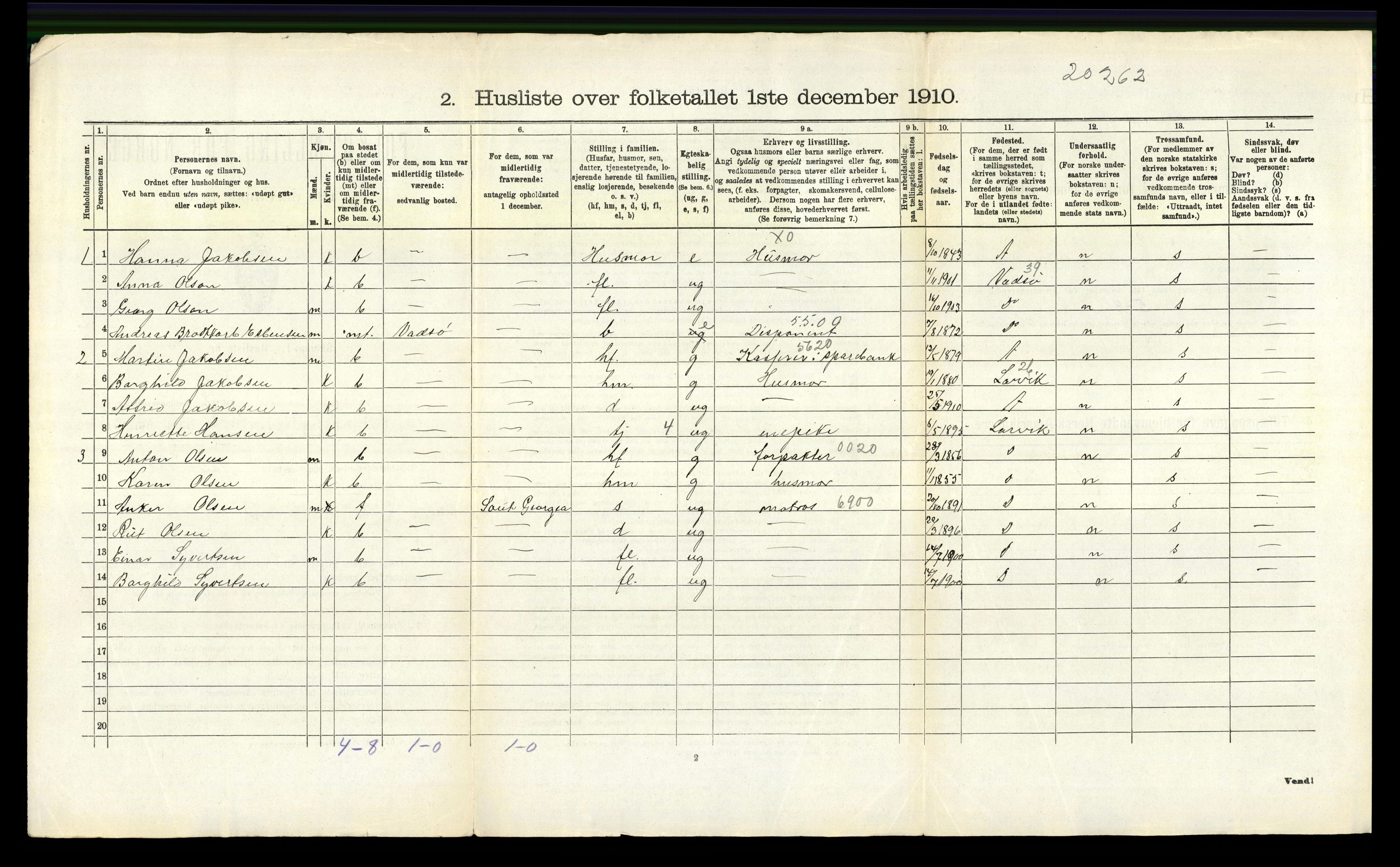 RA, 1910 census for Brunlanes, 1910, p. 396