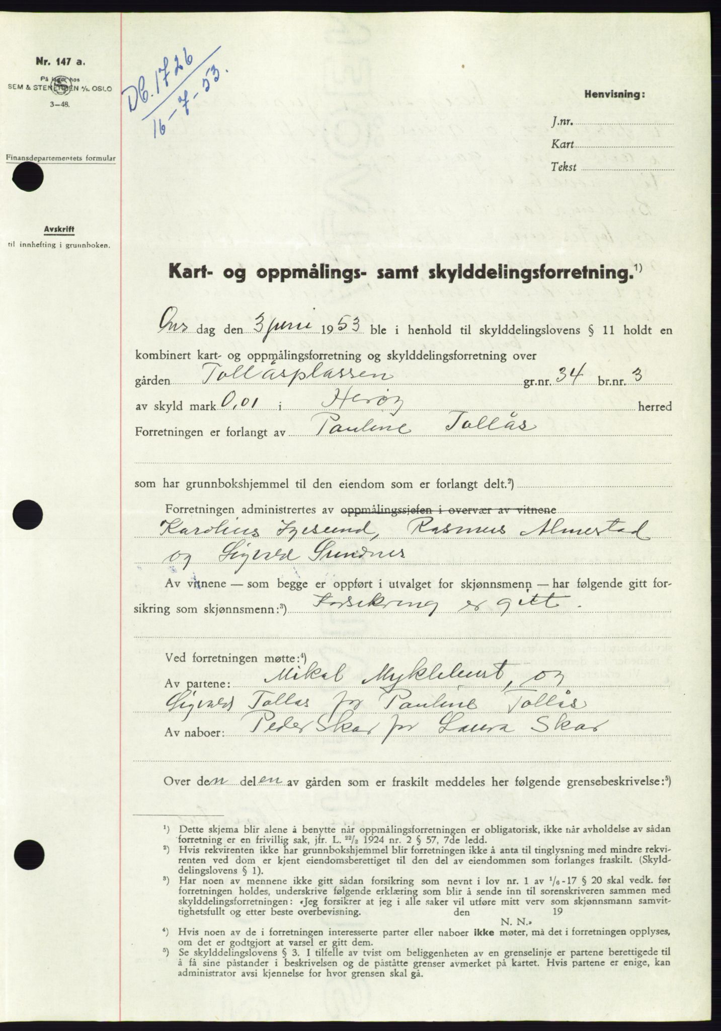Søre Sunnmøre sorenskriveri, AV/SAT-A-4122/1/2/2C/L0095: Mortgage book no. 21A, 1953-1953, Diary no: : 1726/1953