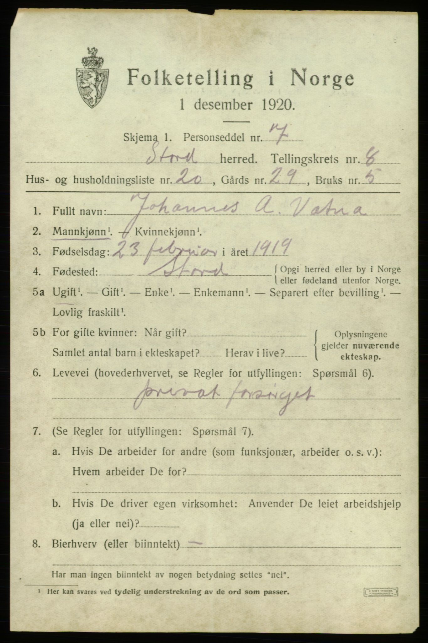 SAB, 1920 census for Stord, 1920, p. 4709