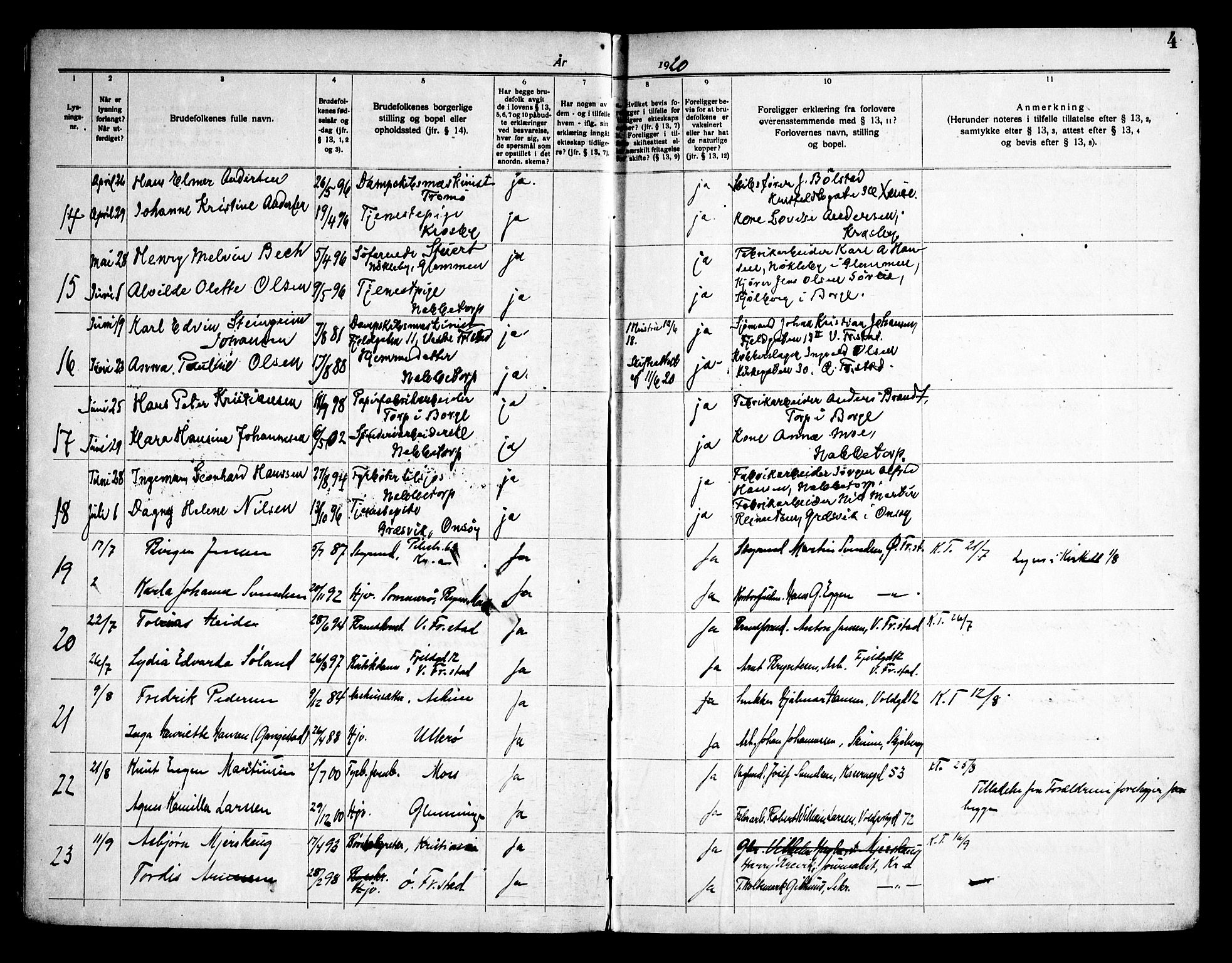 Østre Fredrikstad prestekontor Kirkebøker, AV/SAO-A-10907/H/Ha/L0001: Banns register no. 1, 1919-1951, p. 4
