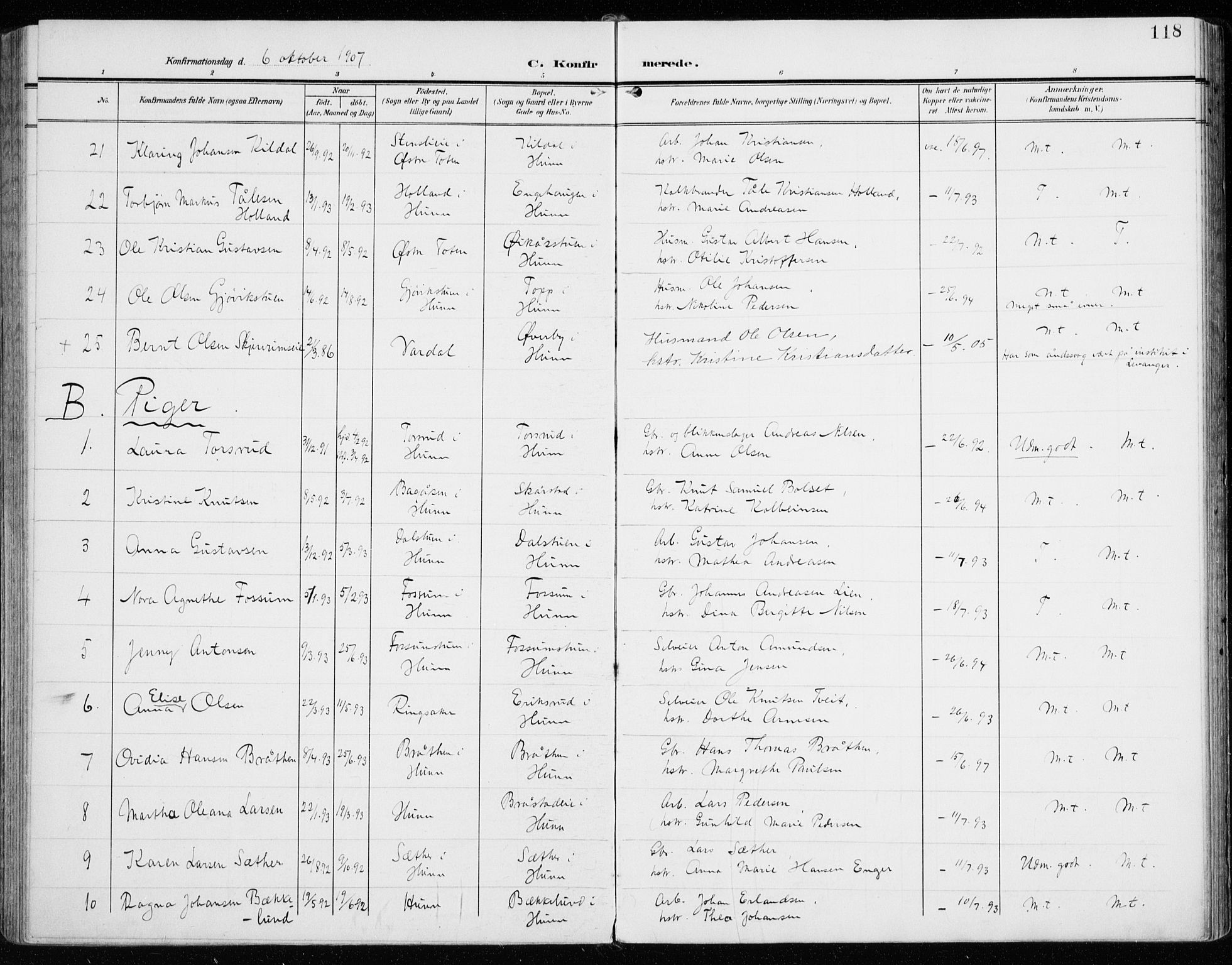 Vardal prestekontor, AV/SAH-PREST-100/H/Ha/Haa/L0016: Parish register (official) no. 16, 1904-1916, p. 118