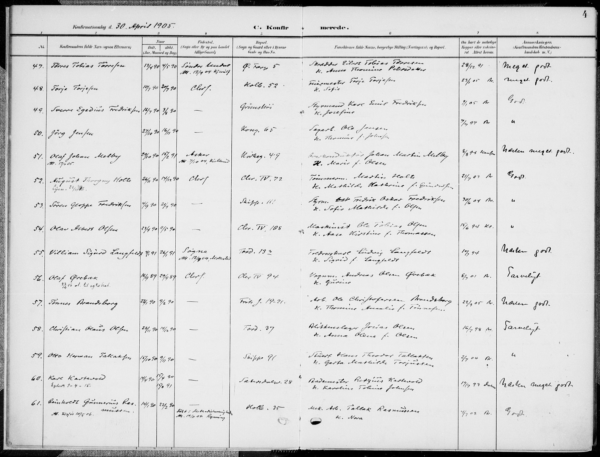 Kristiansand domprosti, SAK/1112-0006/F/Fa/L0022: Parish register (official) no. A 21, 1905-1916, p. 4