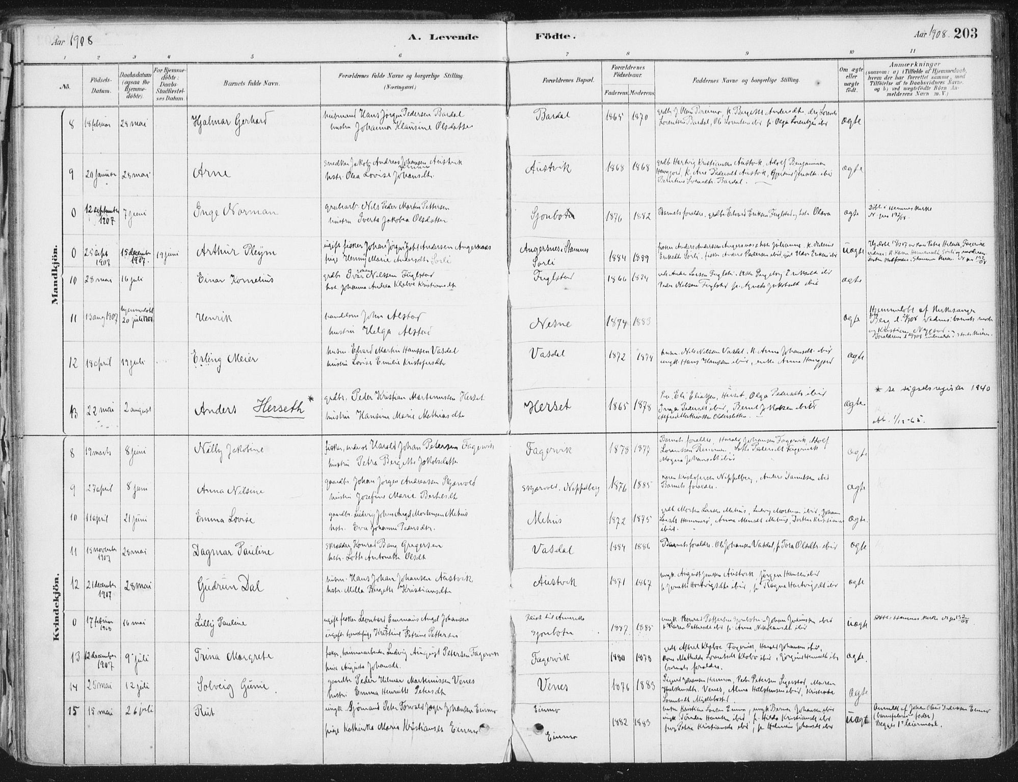 Ministerialprotokoller, klokkerbøker og fødselsregistre - Nordland, AV/SAT-A-1459/838/L0552: Parish register (official) no. 838A10, 1880-1910, p. 203