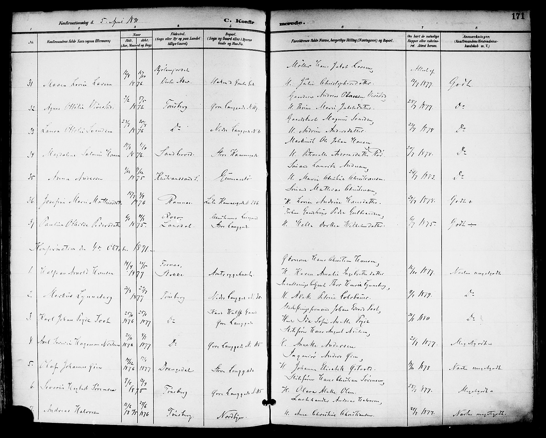 Tønsberg kirkebøker, AV/SAKO-A-330/F/Fa/L0012: Parish register (official) no. I 12, 1891-1899, p. 171