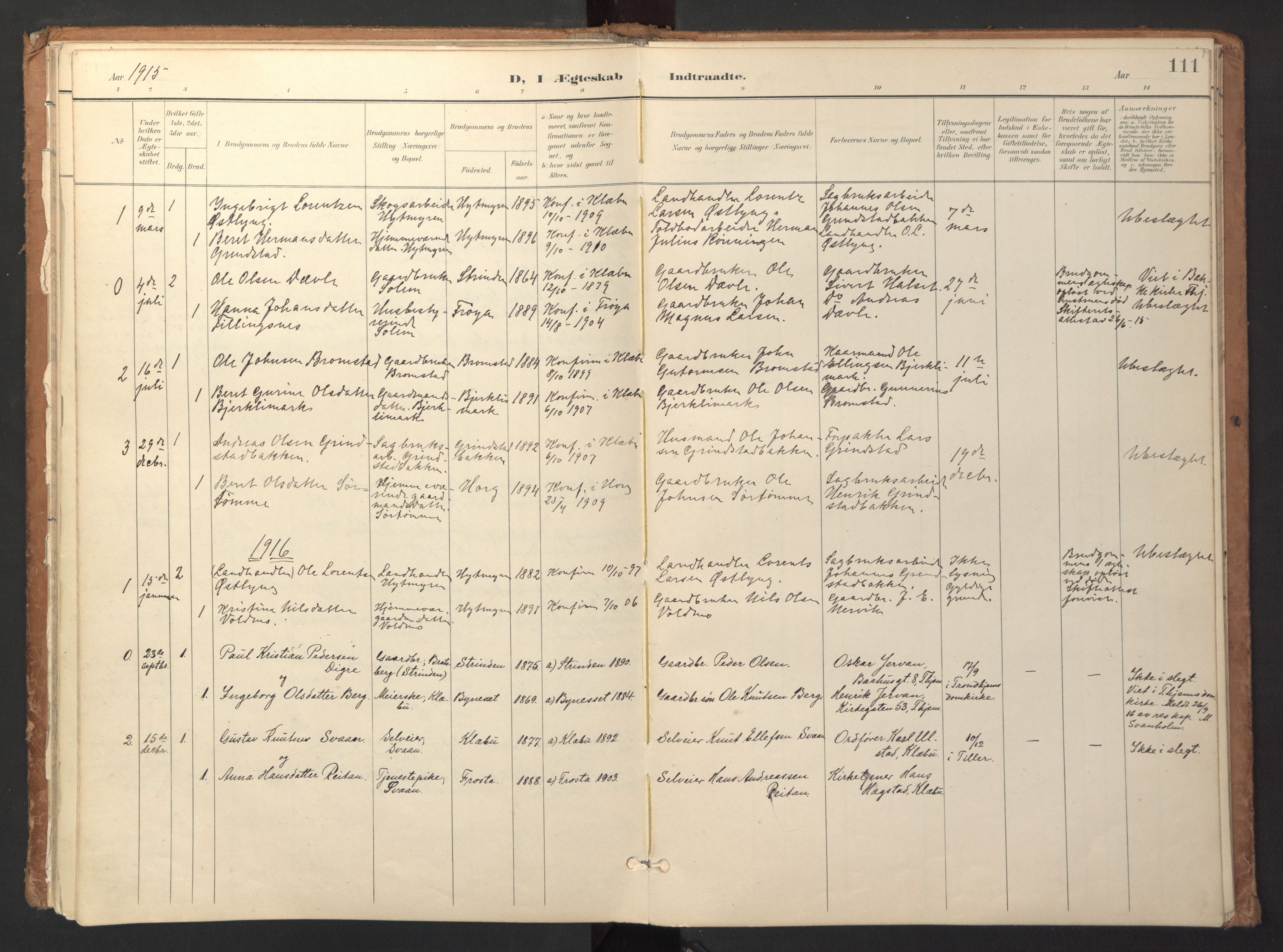 Ministerialprotokoller, klokkerbøker og fødselsregistre - Sør-Trøndelag, SAT/A-1456/618/L0448: Parish register (official) no. 618A11, 1898-1916, p. 111