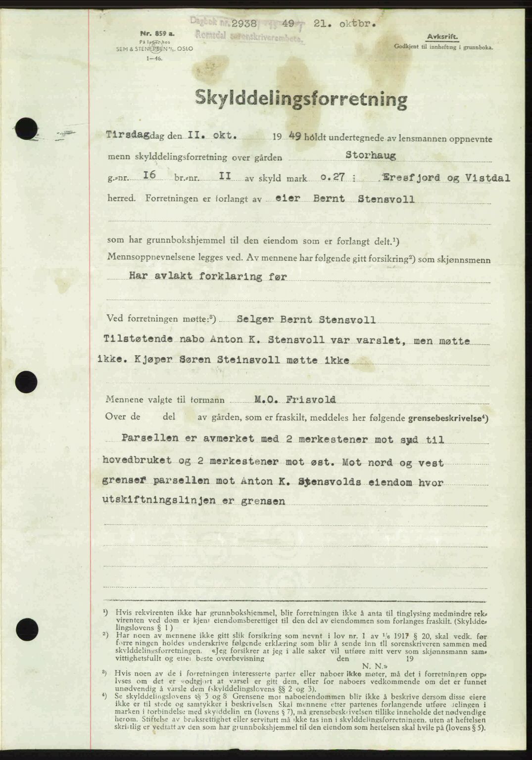 Romsdal sorenskriveri, AV/SAT-A-4149/1/2/2C: Mortgage book no. A31, 1949-1949, Diary no: : 2938/1949