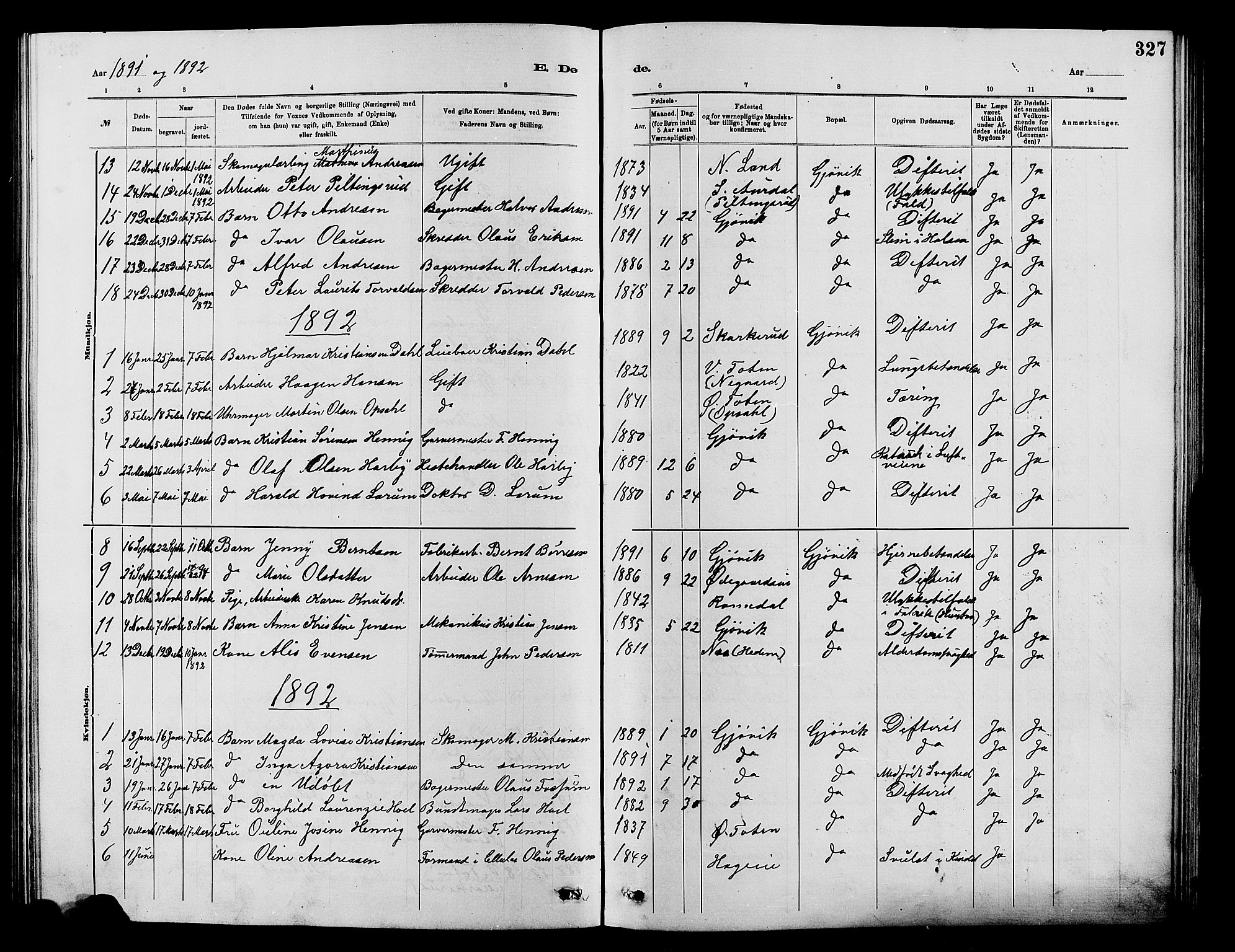 Vardal prestekontor, SAH/PREST-100/H/Ha/Hab/L0007: Parish register (copy) no. 7 /2, 1881-1895, p. 327