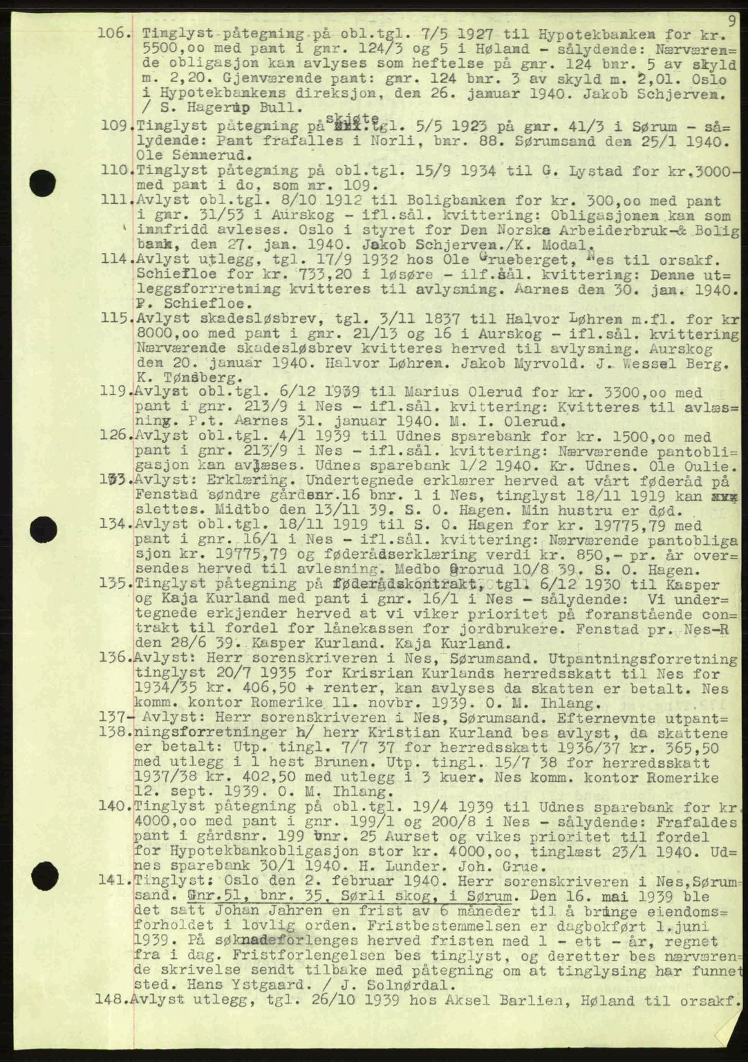 Nes tingrett, SAO/A-10548/G/Gb/Gbb/L0010: Mortgage book no. 54, 1939-1940, Diary no: : 106/1940