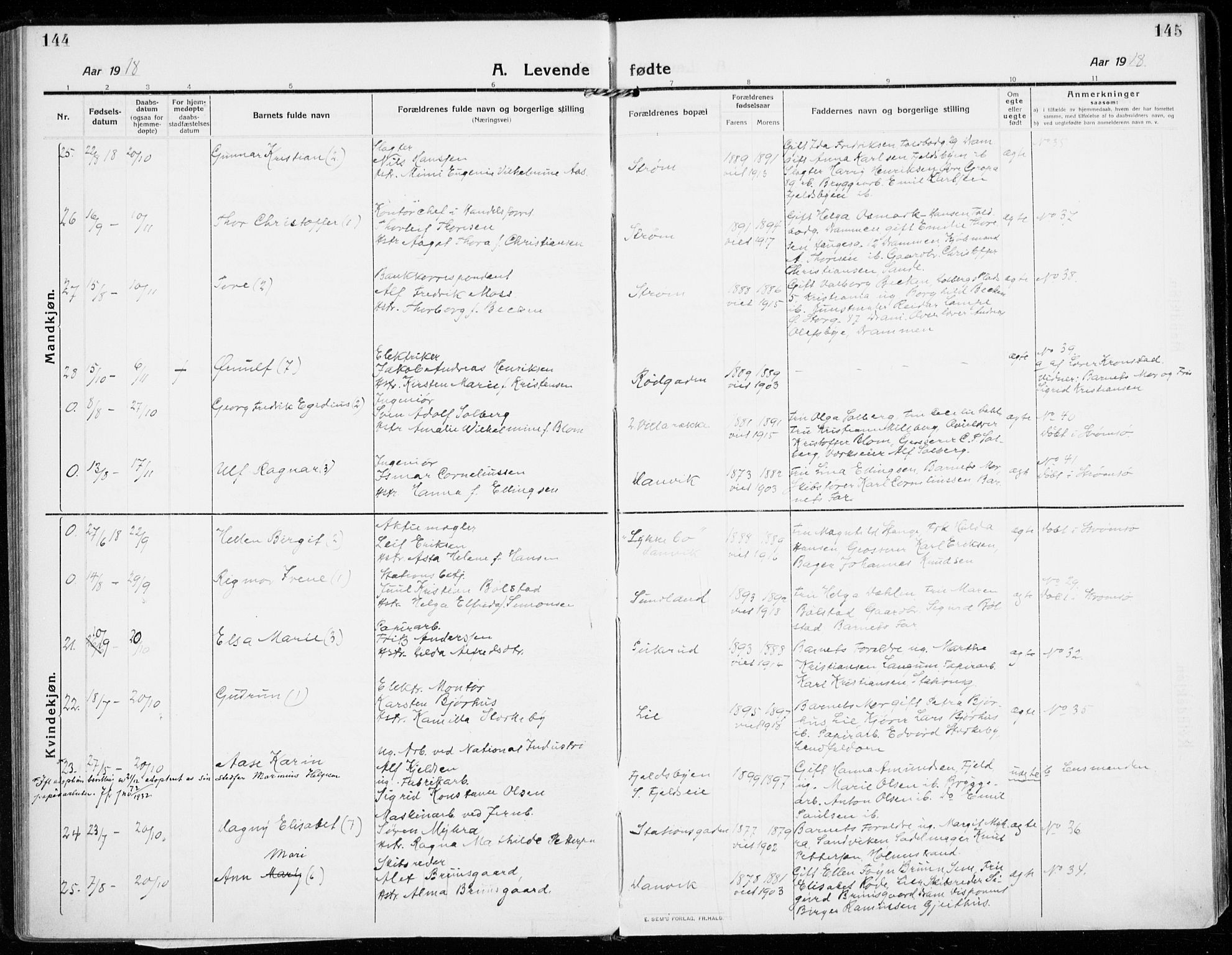 Strømsgodset kirkebøker, AV/SAKO-A-324/F/Fa/L0002: Parish register (official) no. 2, 1910-1920, p. 144-145