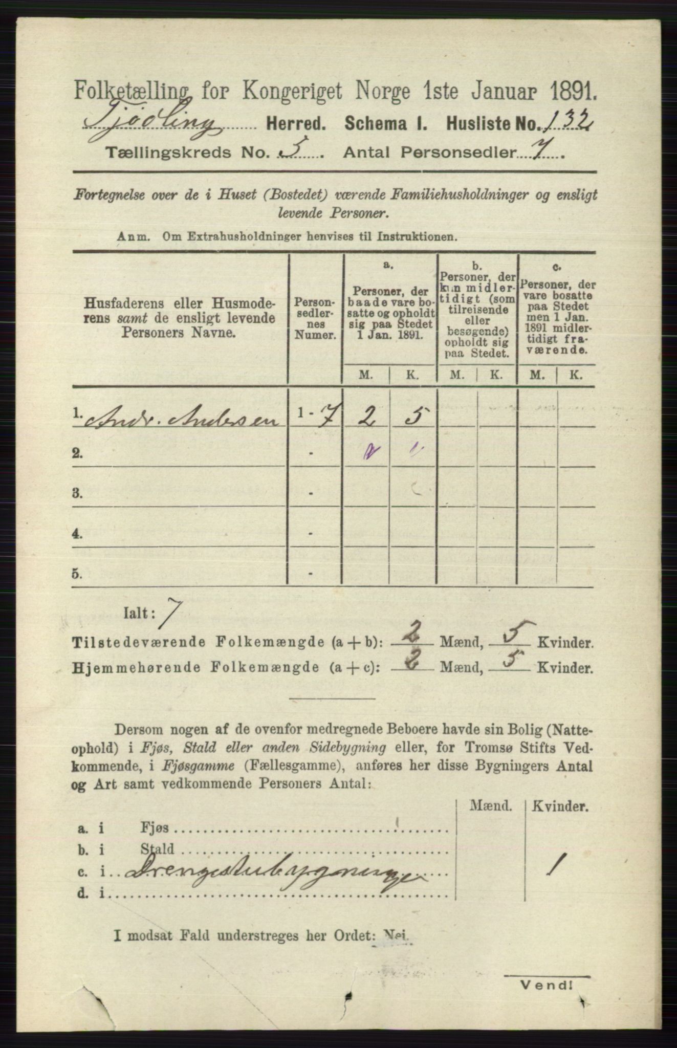 RA, 1891 census for 0725 Tjølling, 1891, p. 1967