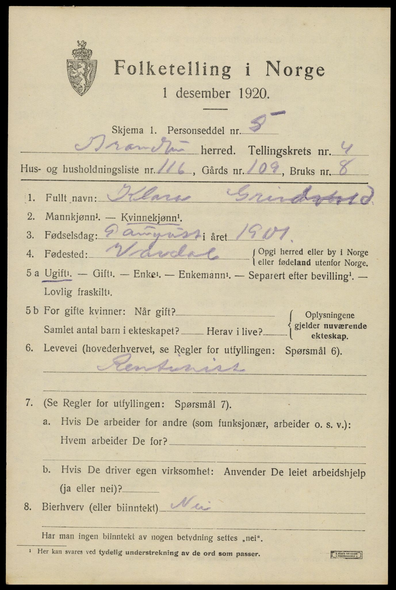 SAH, 1920 census for Brandbu, 1920, p. 11799