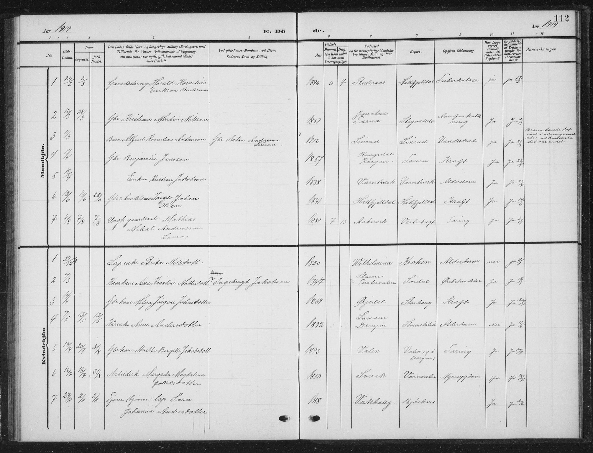 Ministerialprotokoller, klokkerbøker og fødselsregistre - Nordland, AV/SAT-A-1459/823/L0331: Parish register (copy) no. 823C03, 1905-1934, p. 112