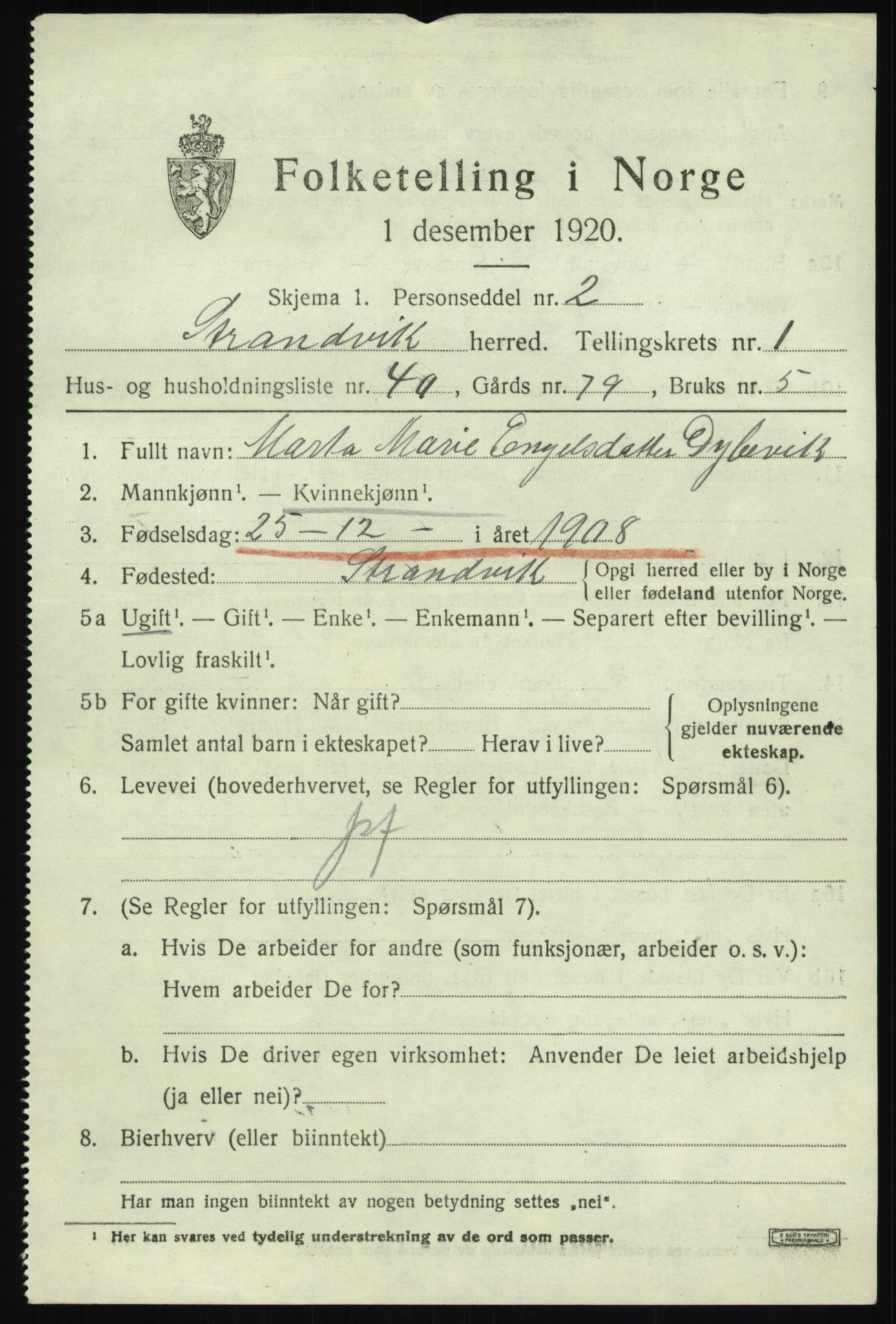 SAB, 1920 census for Strandvik, 1920, p. 1238