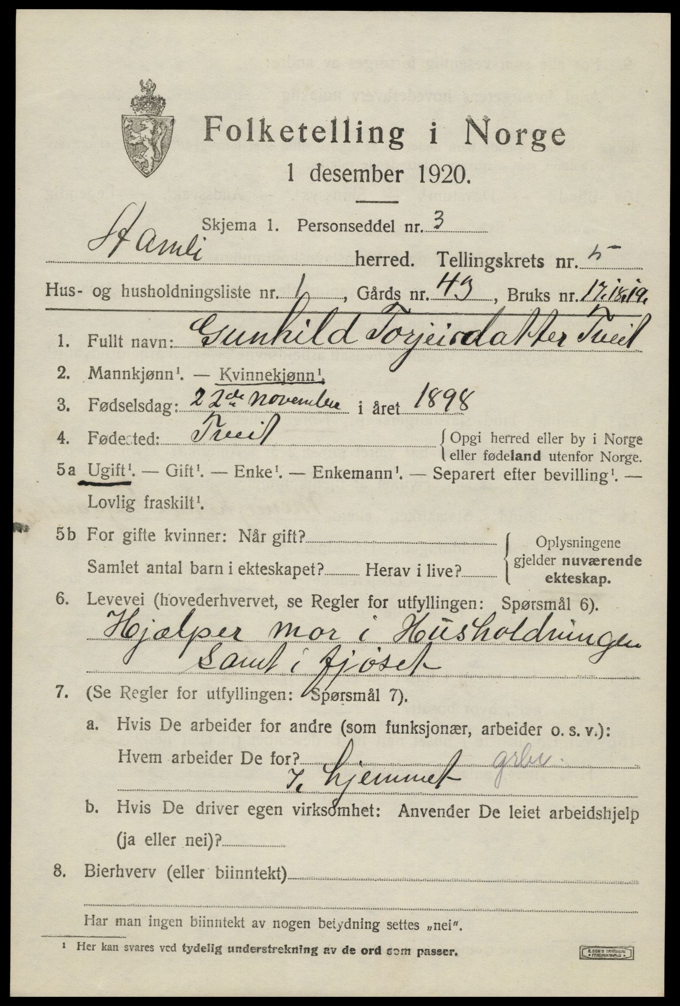 SAK, 1920 census for Åmli, 1920, p. 2263