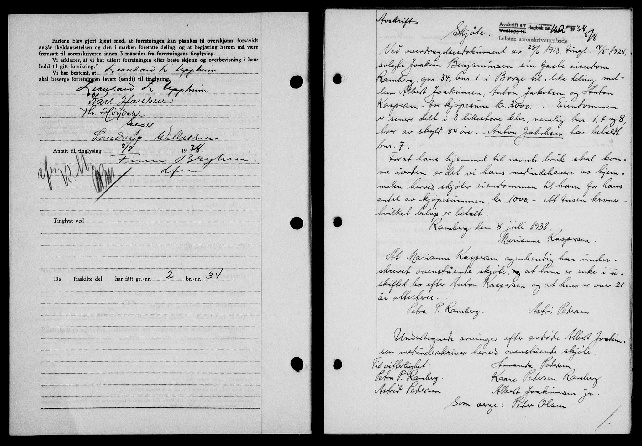 Lofoten sorenskriveri, SAT/A-0017/1/2/2C/L0004a: Mortgage book no. 4a, 1938-1938, Diary no: : 1602/1938