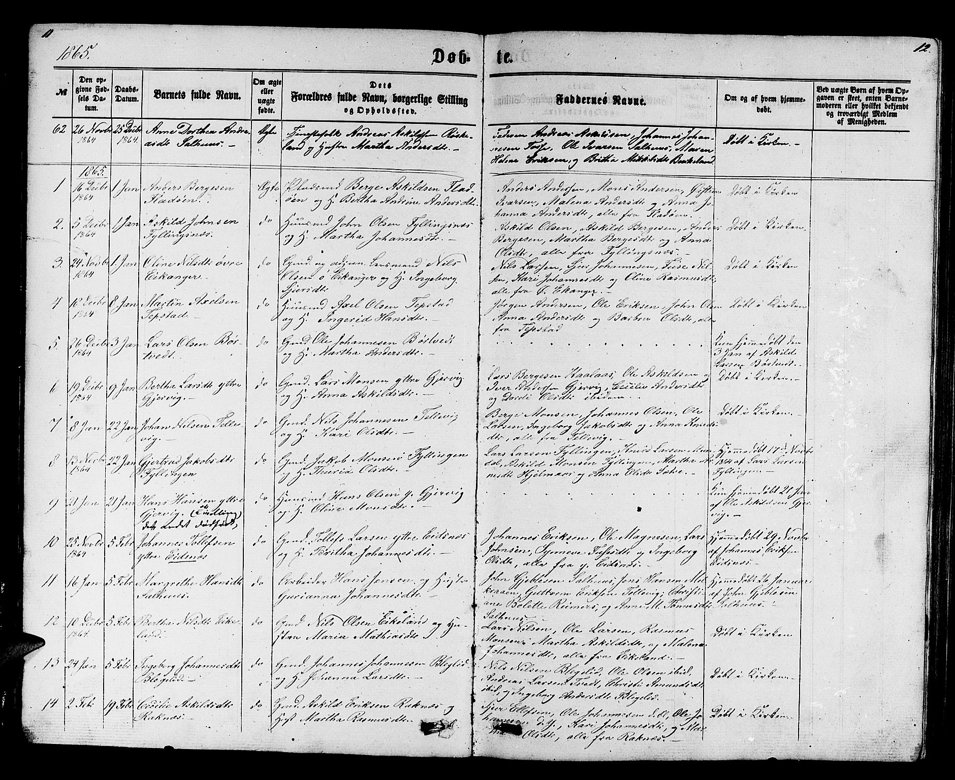 Hamre sokneprestembete, SAB/A-75501/H/Ha/Hab: Parish register (copy) no. B 2, 1863-1880, p. 11-12