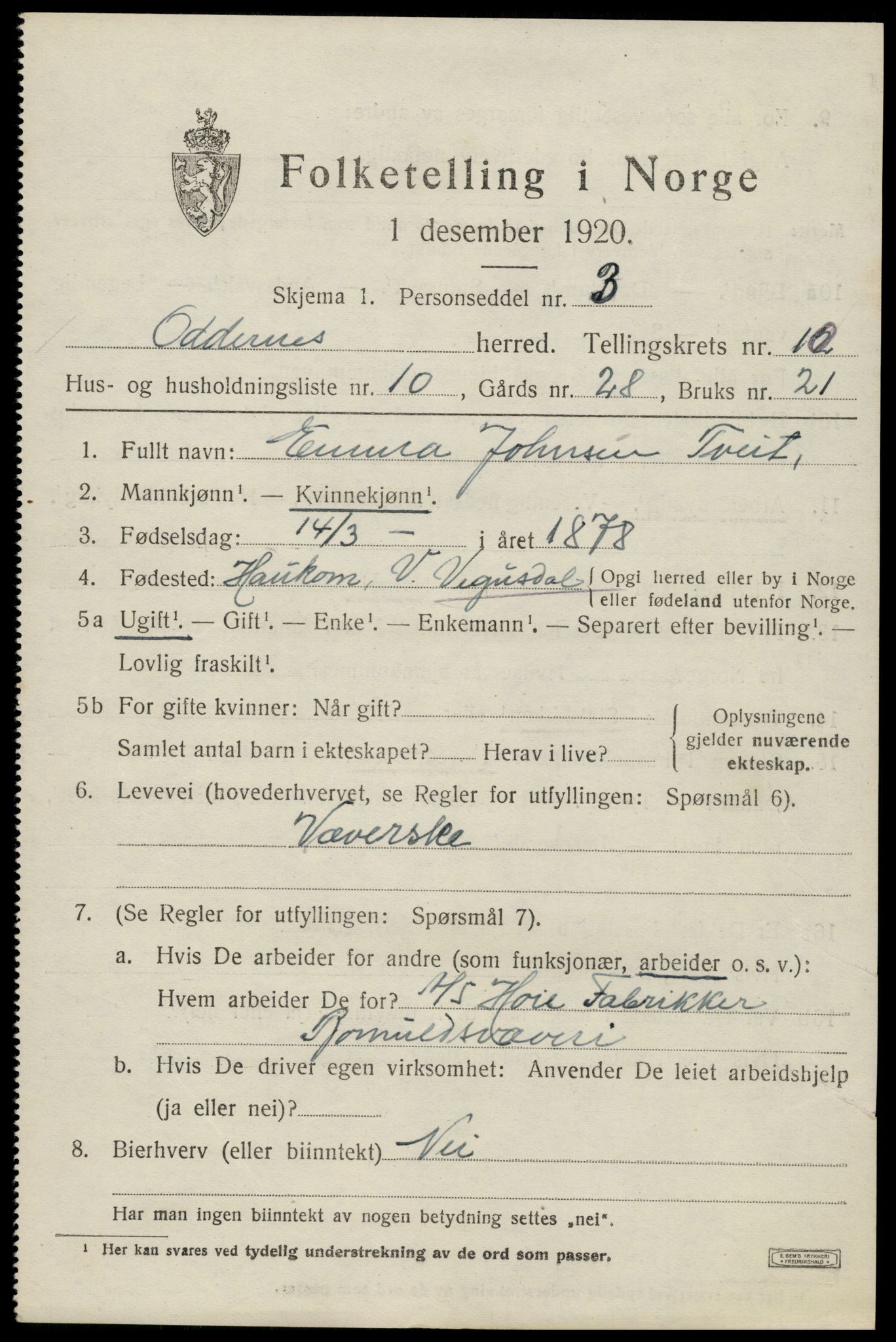 SAK, 1920 census for Oddernes, 1920, p. 6465