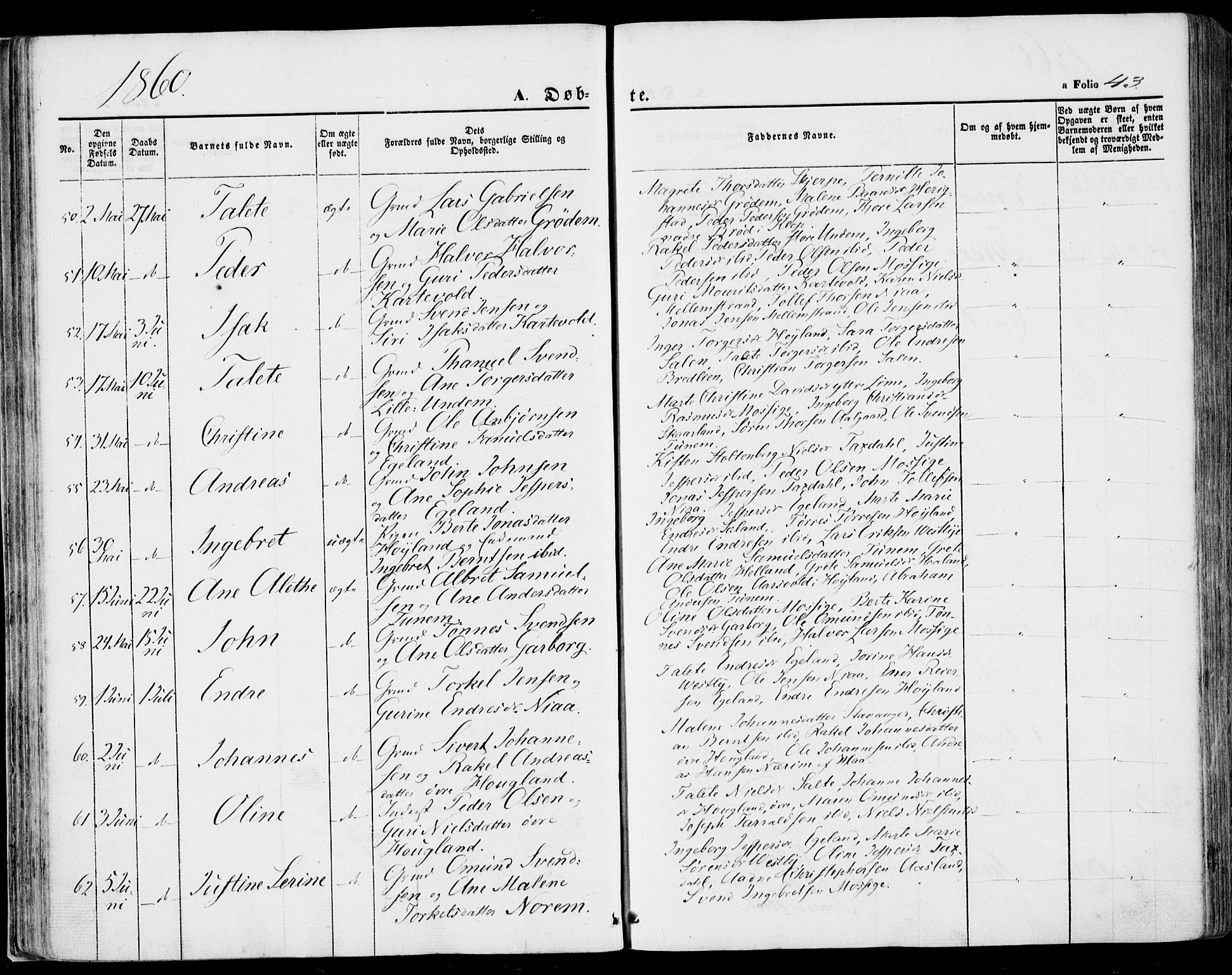 Lye sokneprestkontor, AV/SAST-A-101794/001/30BA/L0007: Parish register (official) no. A 6, 1856-1871, p. 43