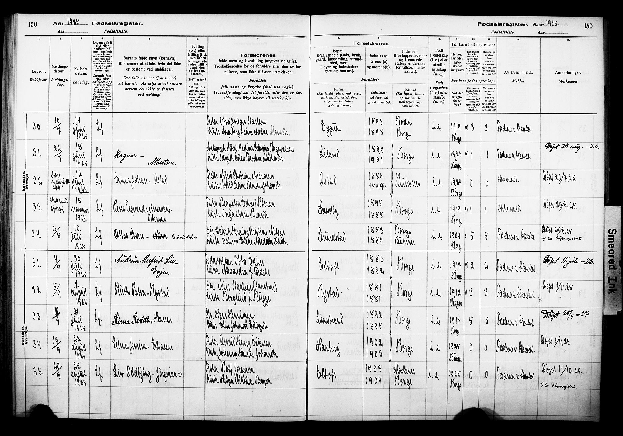 Ministerialprotokoller, klokkerbøker og fødselsregistre - Nordland, SAT/A-1459/880/L1145: Birth register no. 880.II.4.1, 1916-1929, p. 150