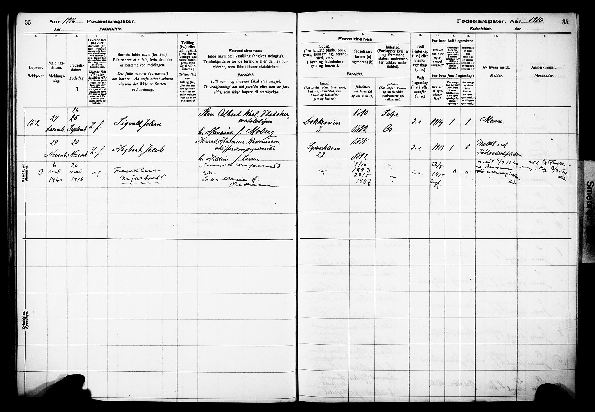 Johanneskirken sokneprestembete, AV/SAB-A-76001/I/Id/L00A1: Birth register no. A 1, 1916-1924, p. 35