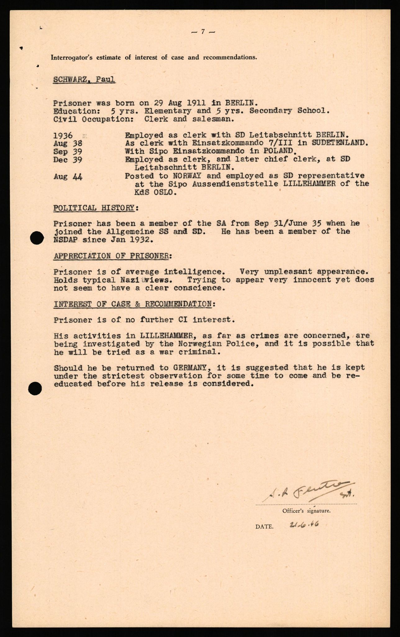 Forsvaret, Forsvarets overkommando II, AV/RA-RAFA-3915/D/Db/L0031: CI Questionaires. Tyske okkupasjonsstyrker i Norge. Tyskere., 1945-1946, p. 97