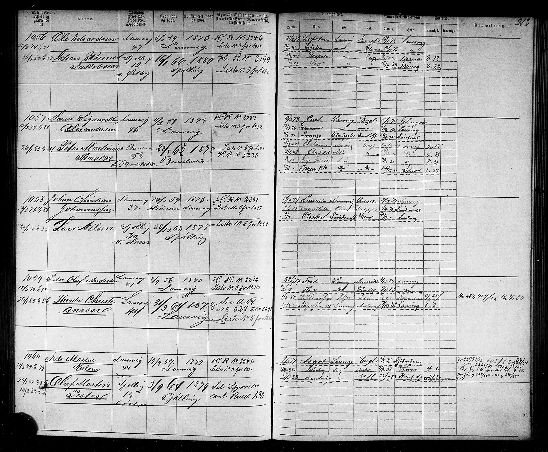 Larvik innrulleringskontor, AV/SAKO-A-787/F/Fb/L0004: Annotasjonsrulle, 1870-1882, p. 214