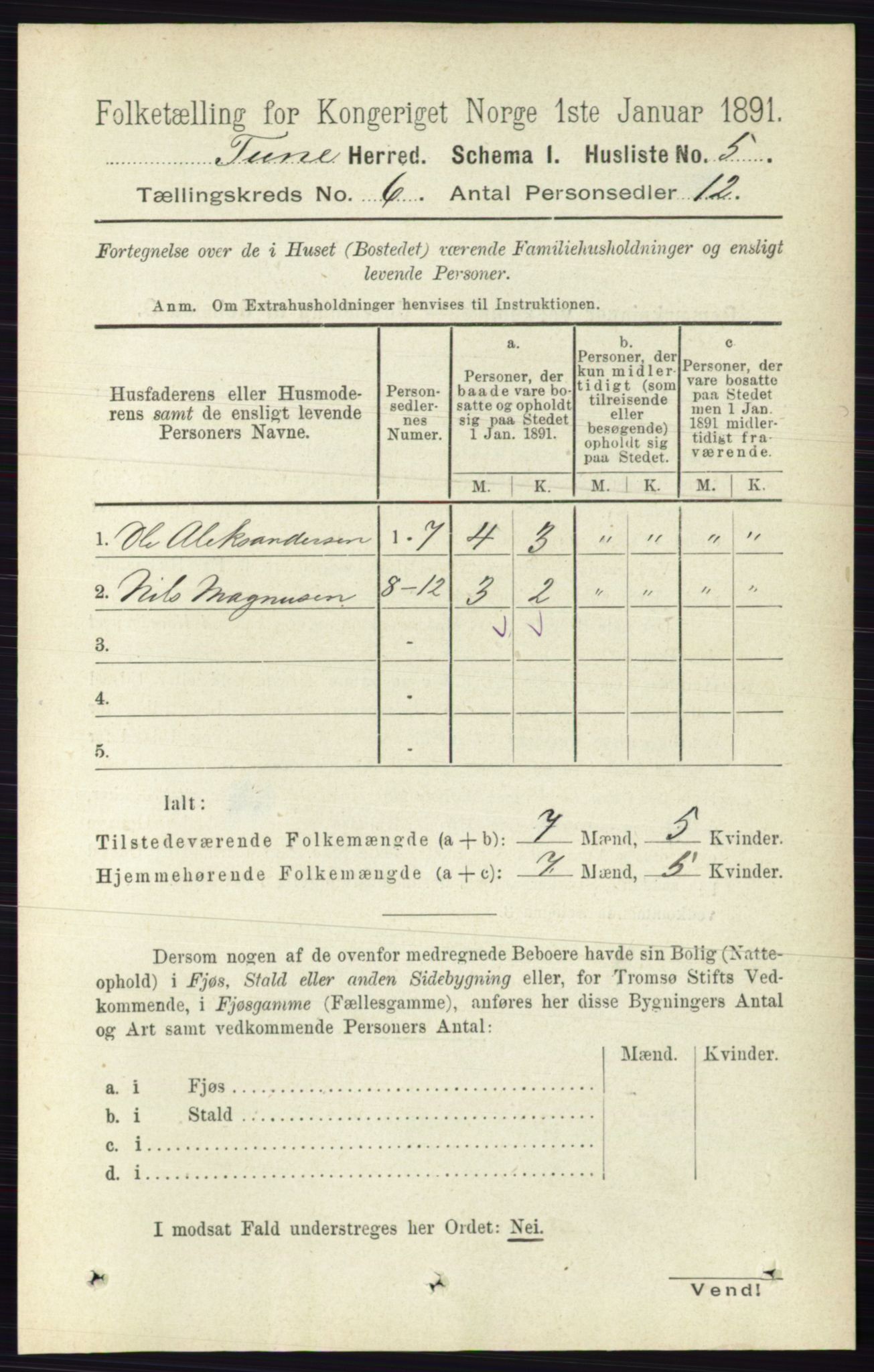 RA, 1891 census for 0130 Tune, 1891, p. 3953